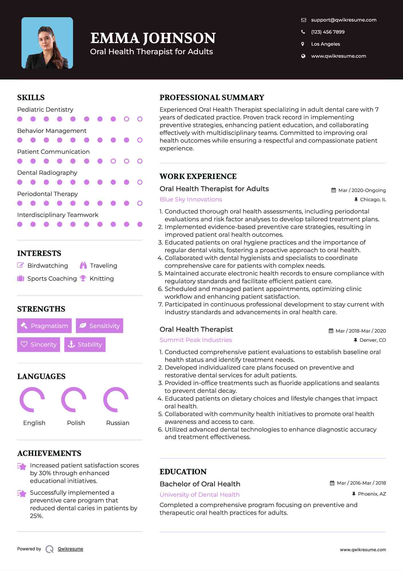 Oral Health Therapist for Adults Resume Template
