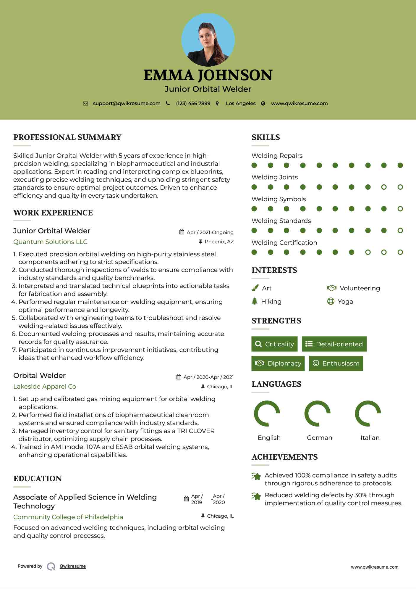 Junior Orbital Welder Resume Example