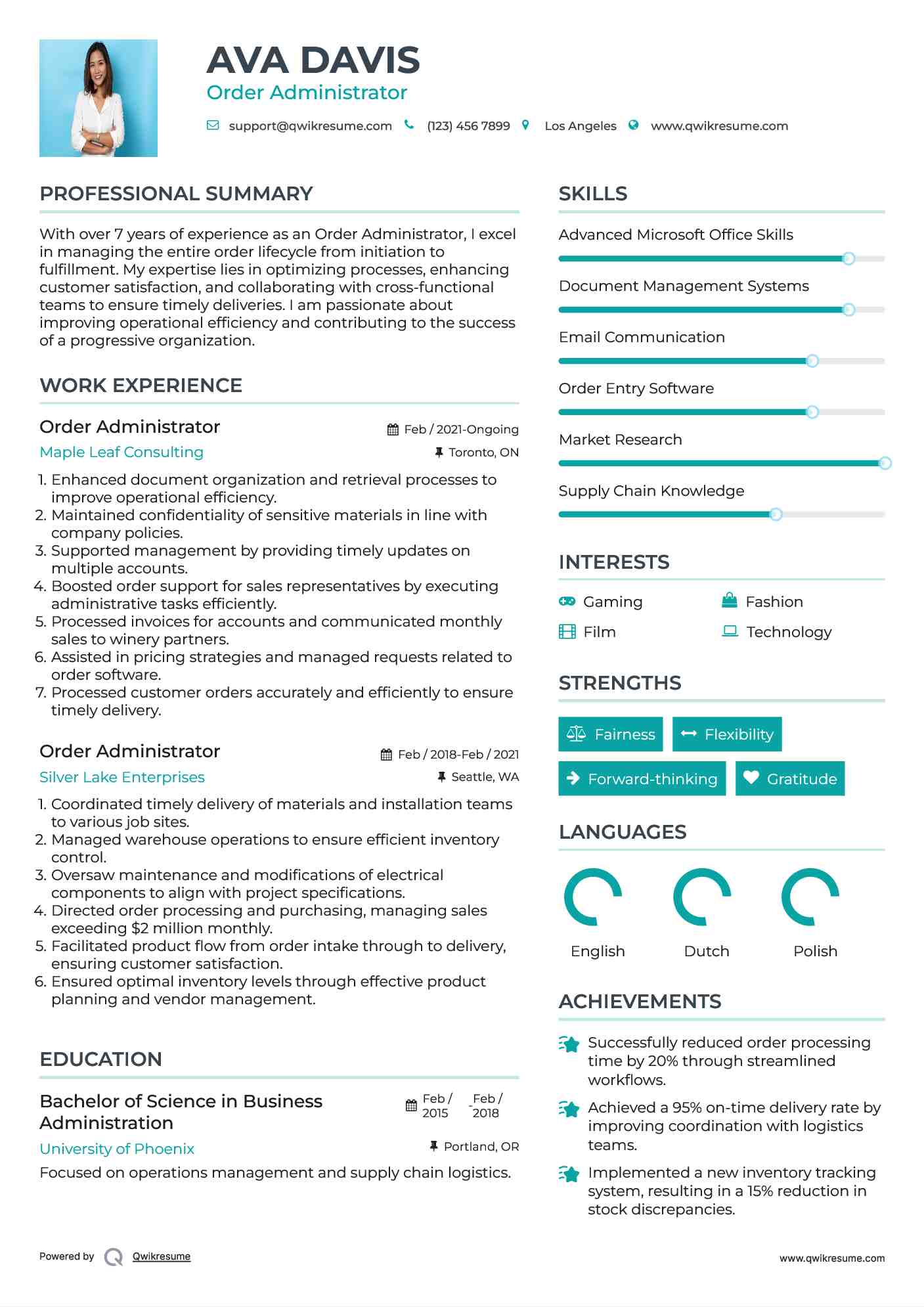 Order Administrator Resume Model