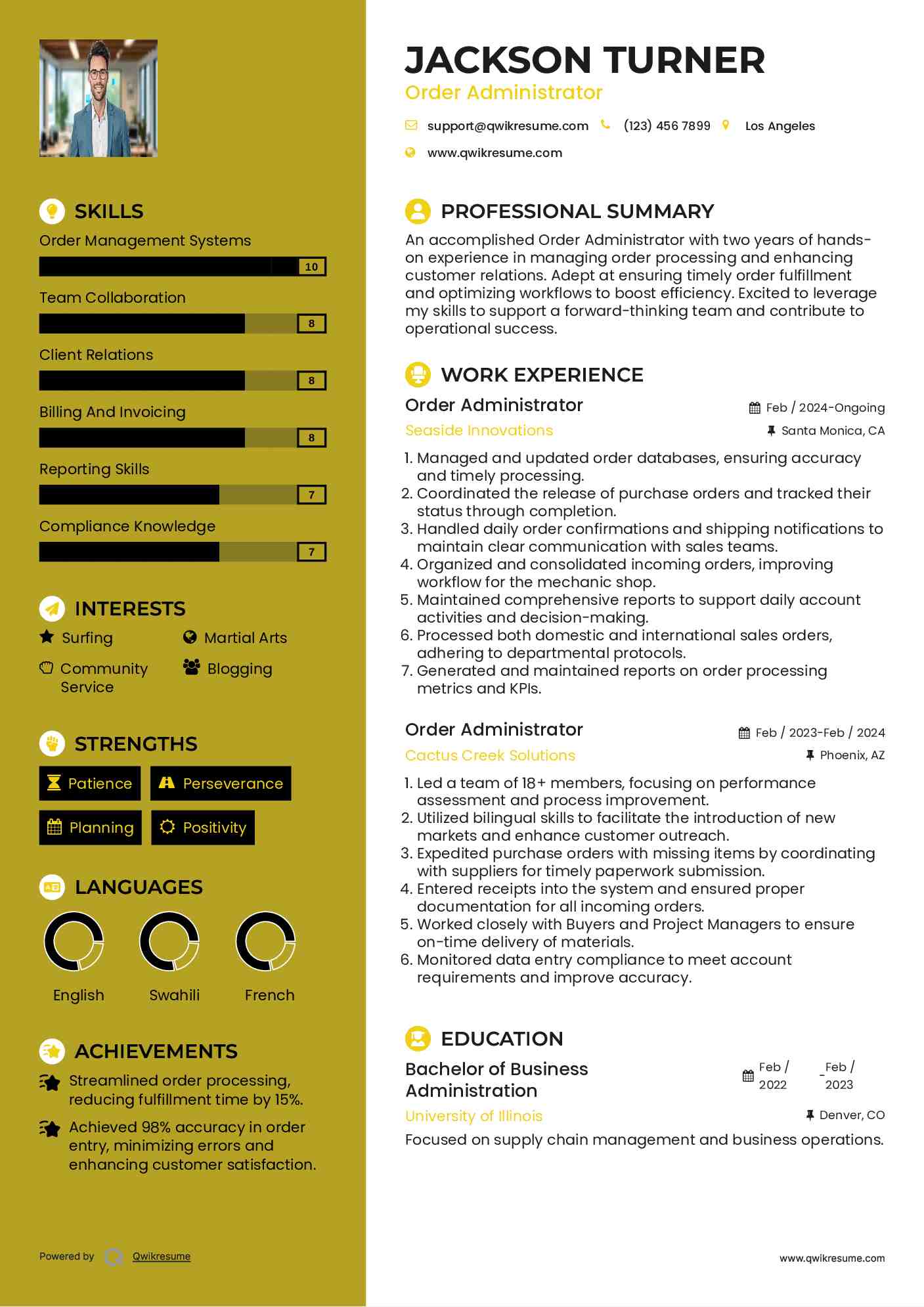 Order Administrator Resume Format