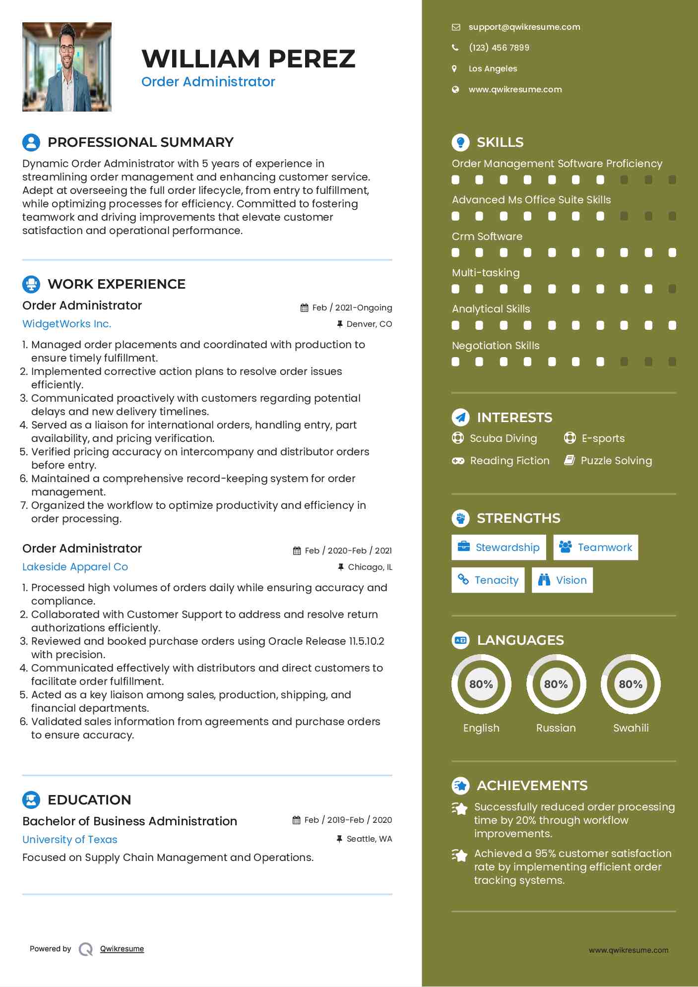 Order Administrator Resume Model