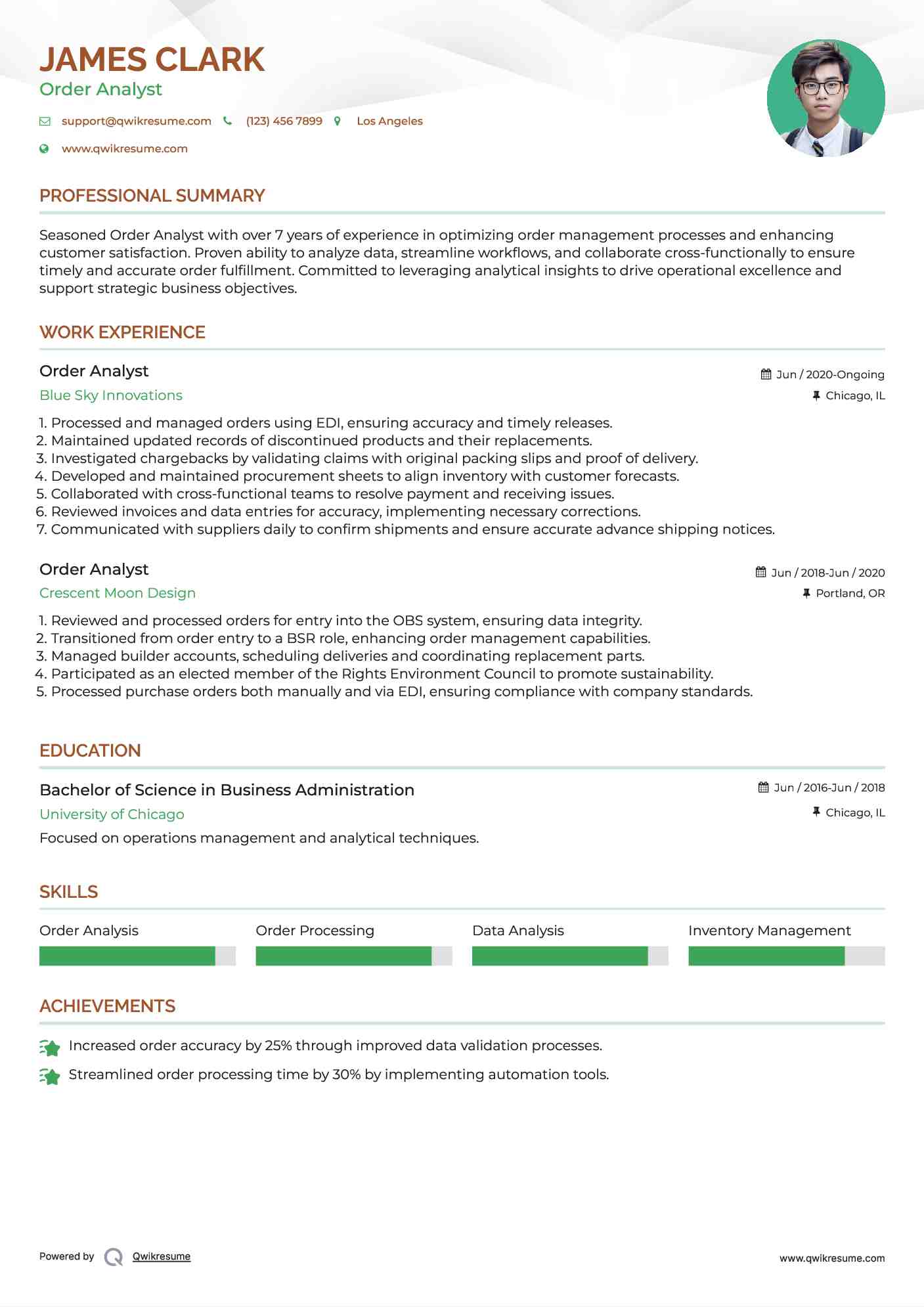 Order Analyst Resume Format