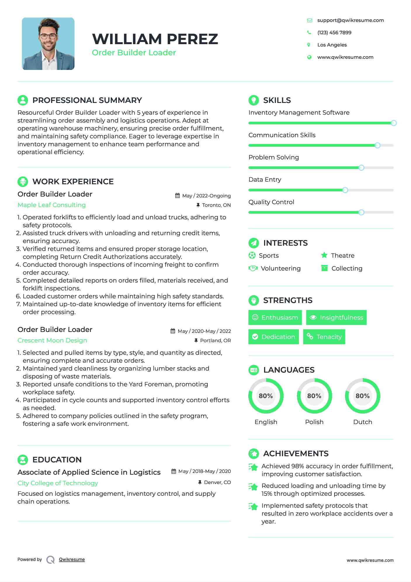 Order Builder Loader Resume Example