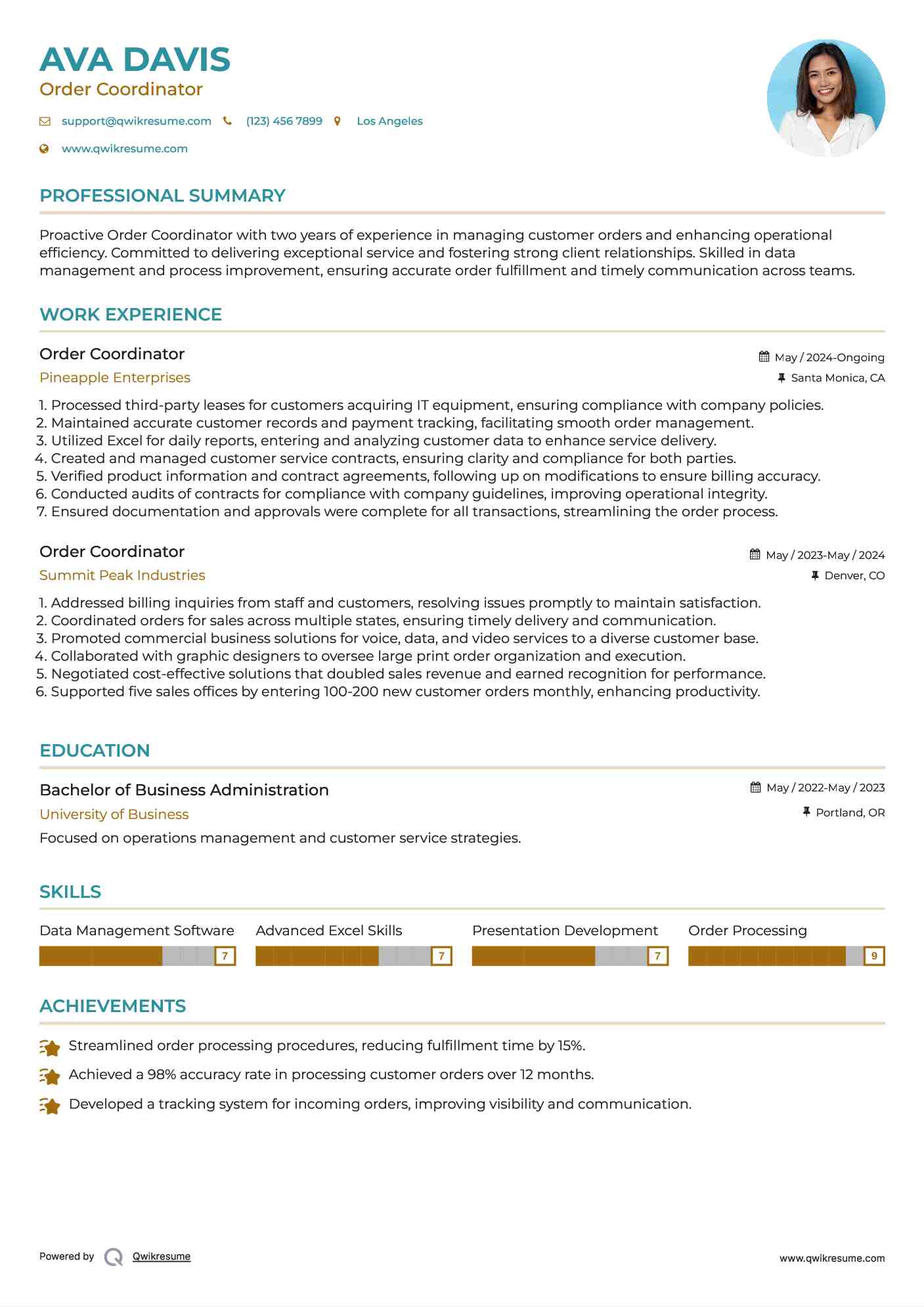 Order Coordinator Resume Sample