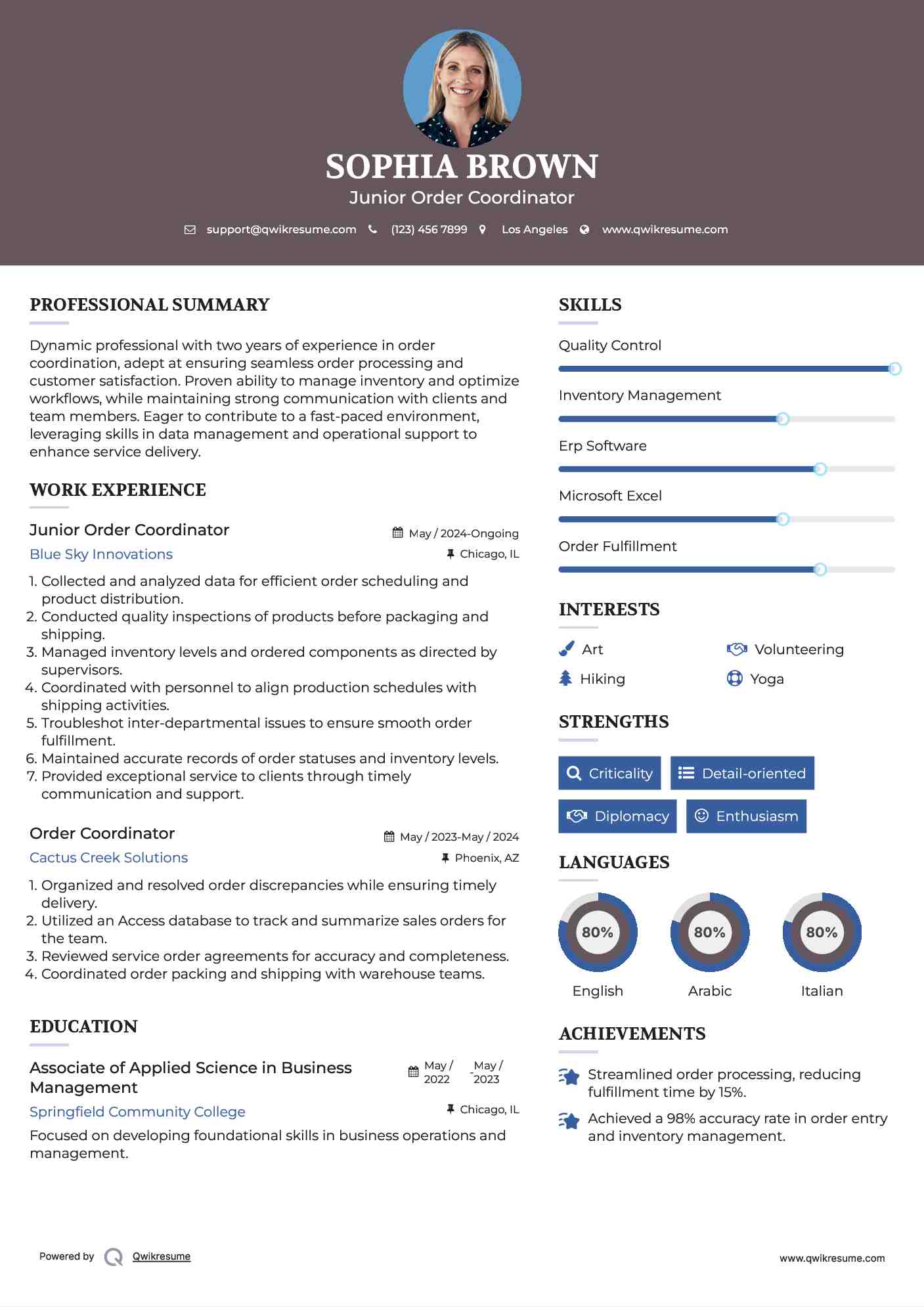 Junior Order Coordinator Resume Template