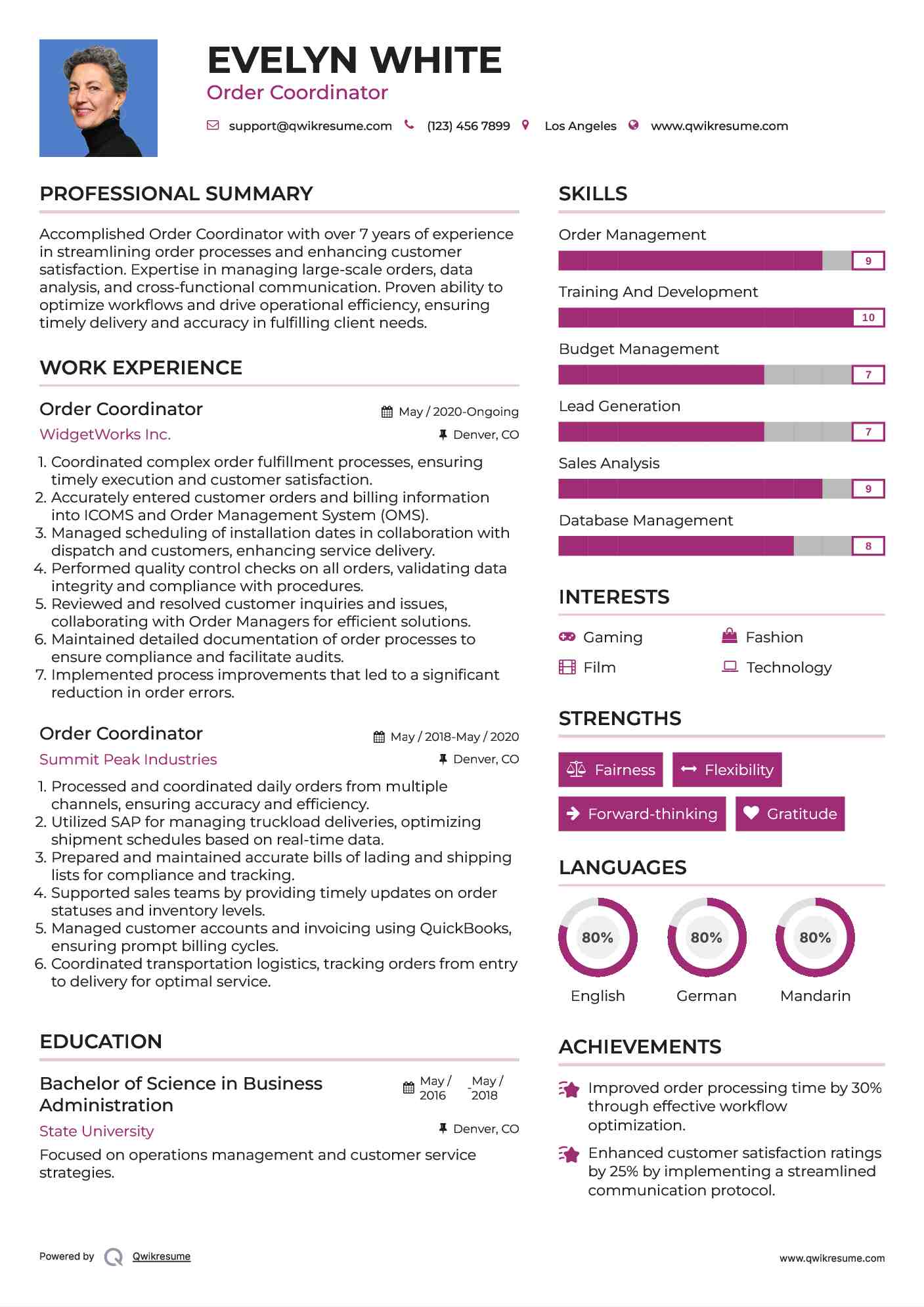Order Coordinator Resume Model