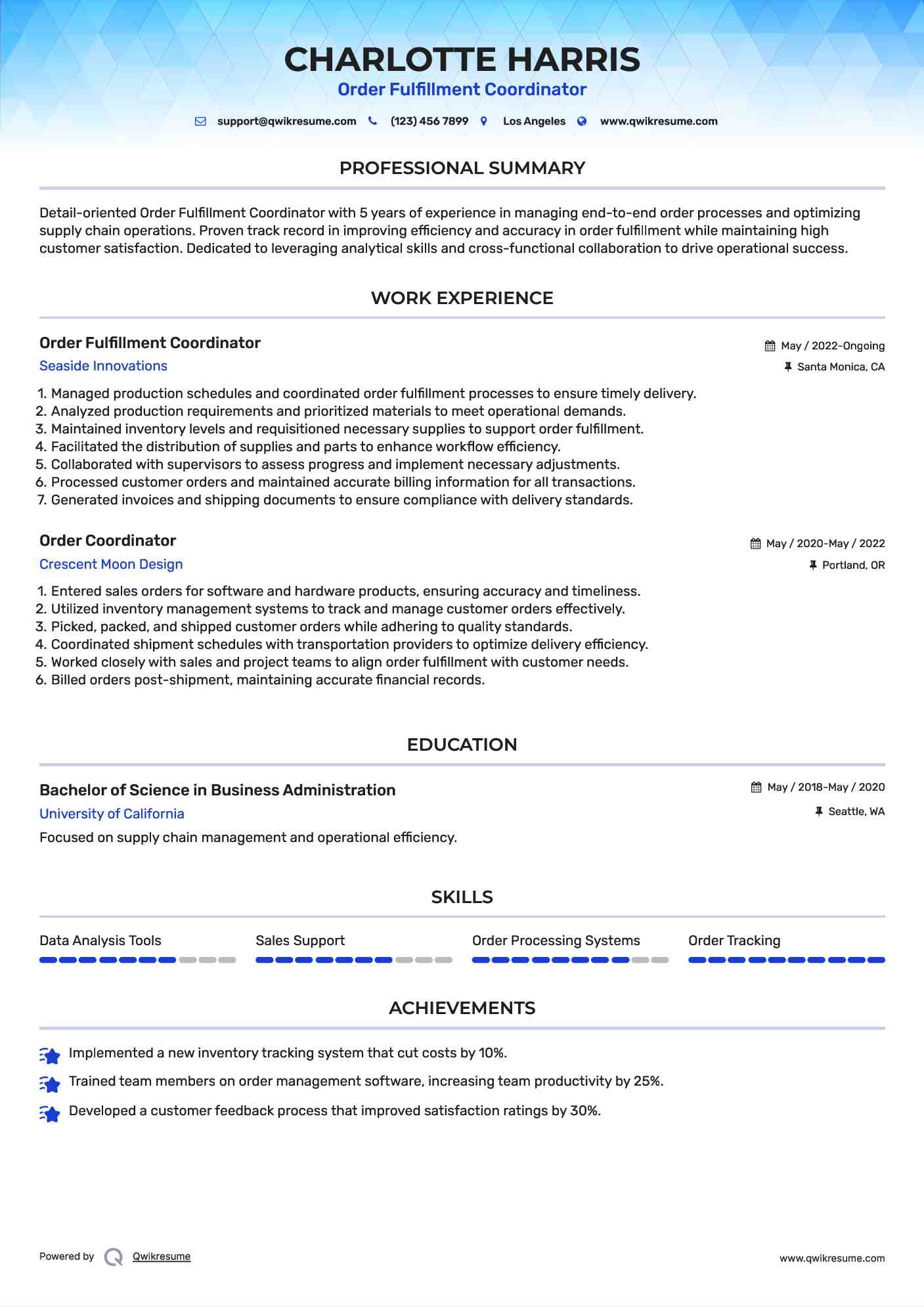 Order Fulfillment Coordinator Resume Sample