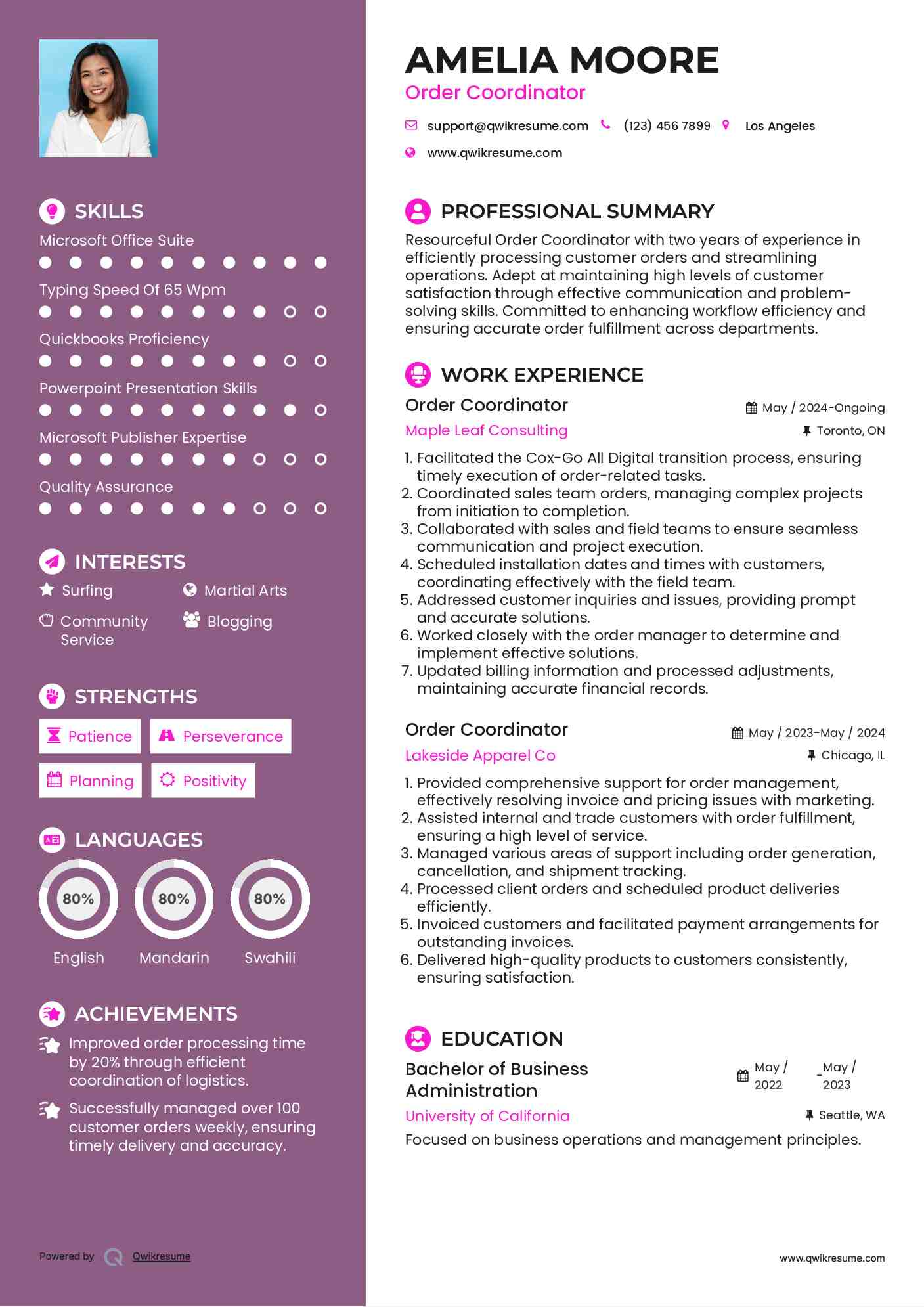 Order Coordinator Resume Sample