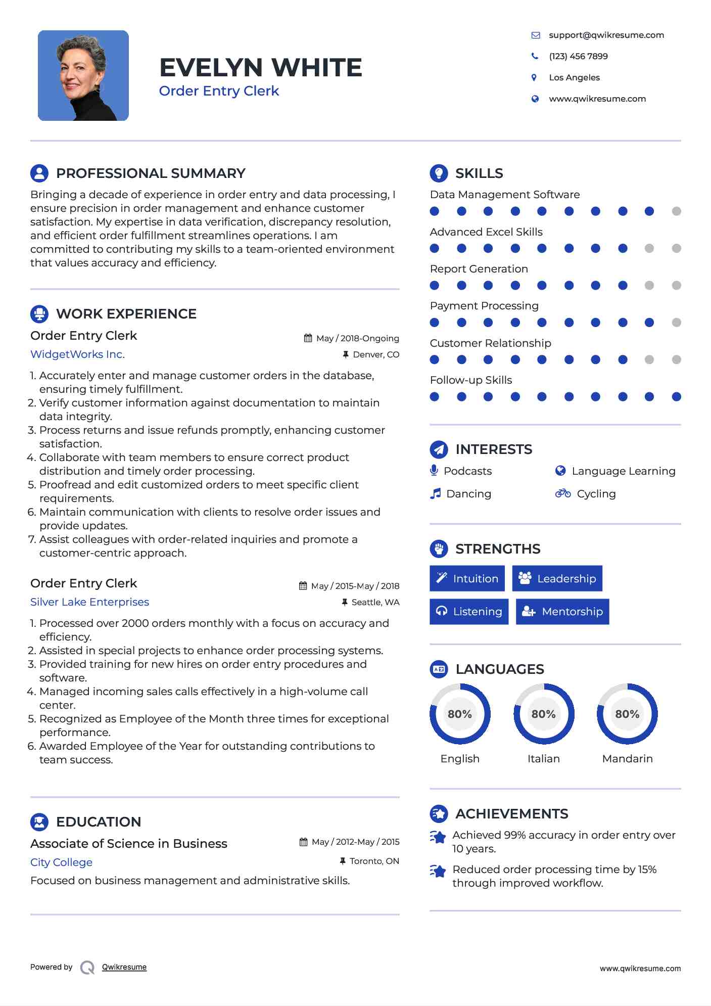 Order Entry Clerk Resume Sample