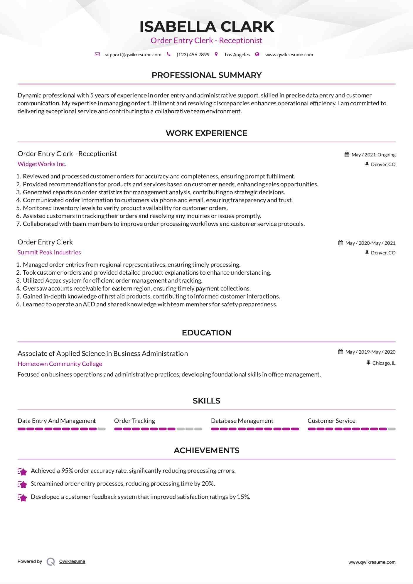 Order Entry Clerk - Receptionist Resume Model