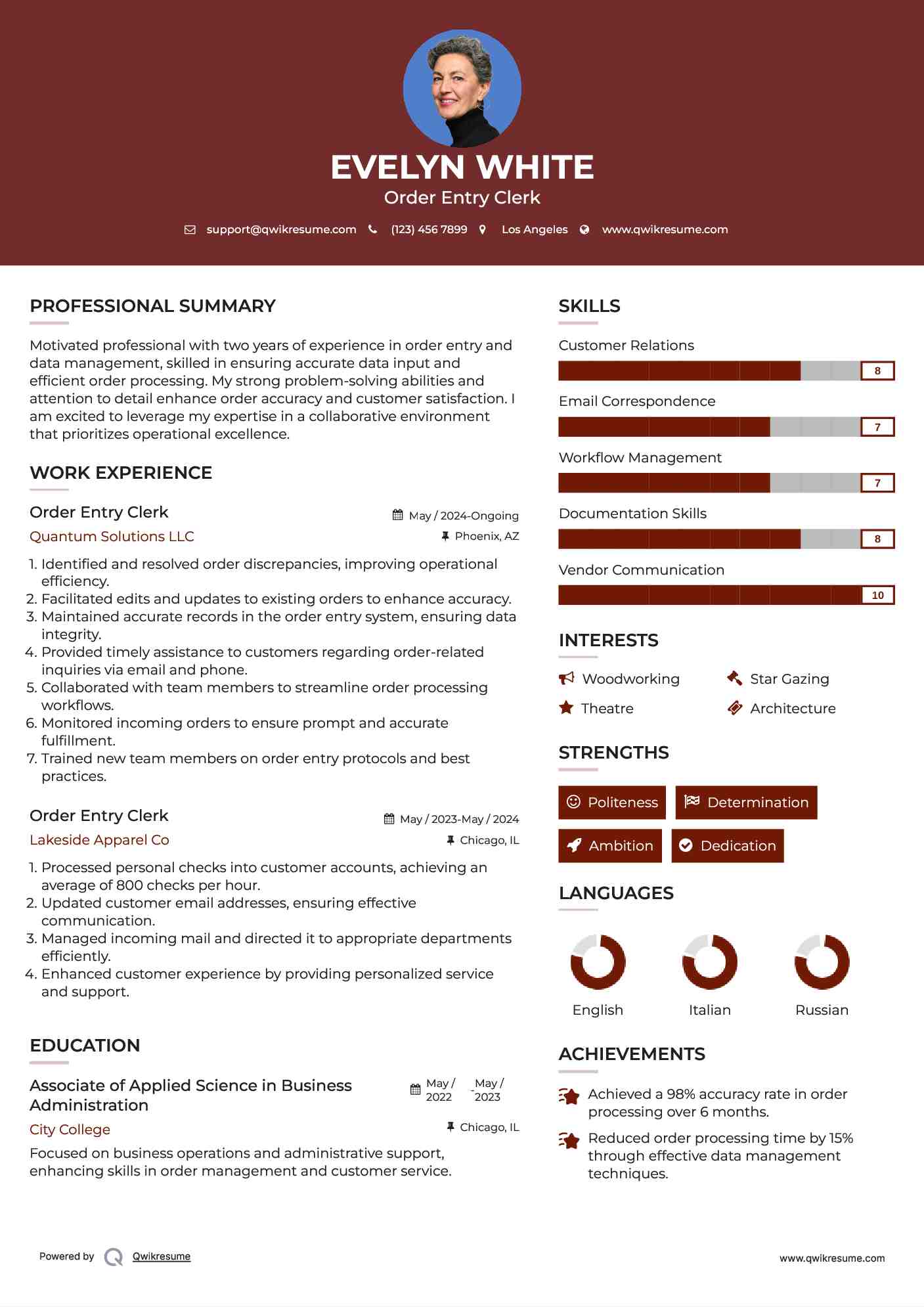 Order Entry Clerk Resume Example