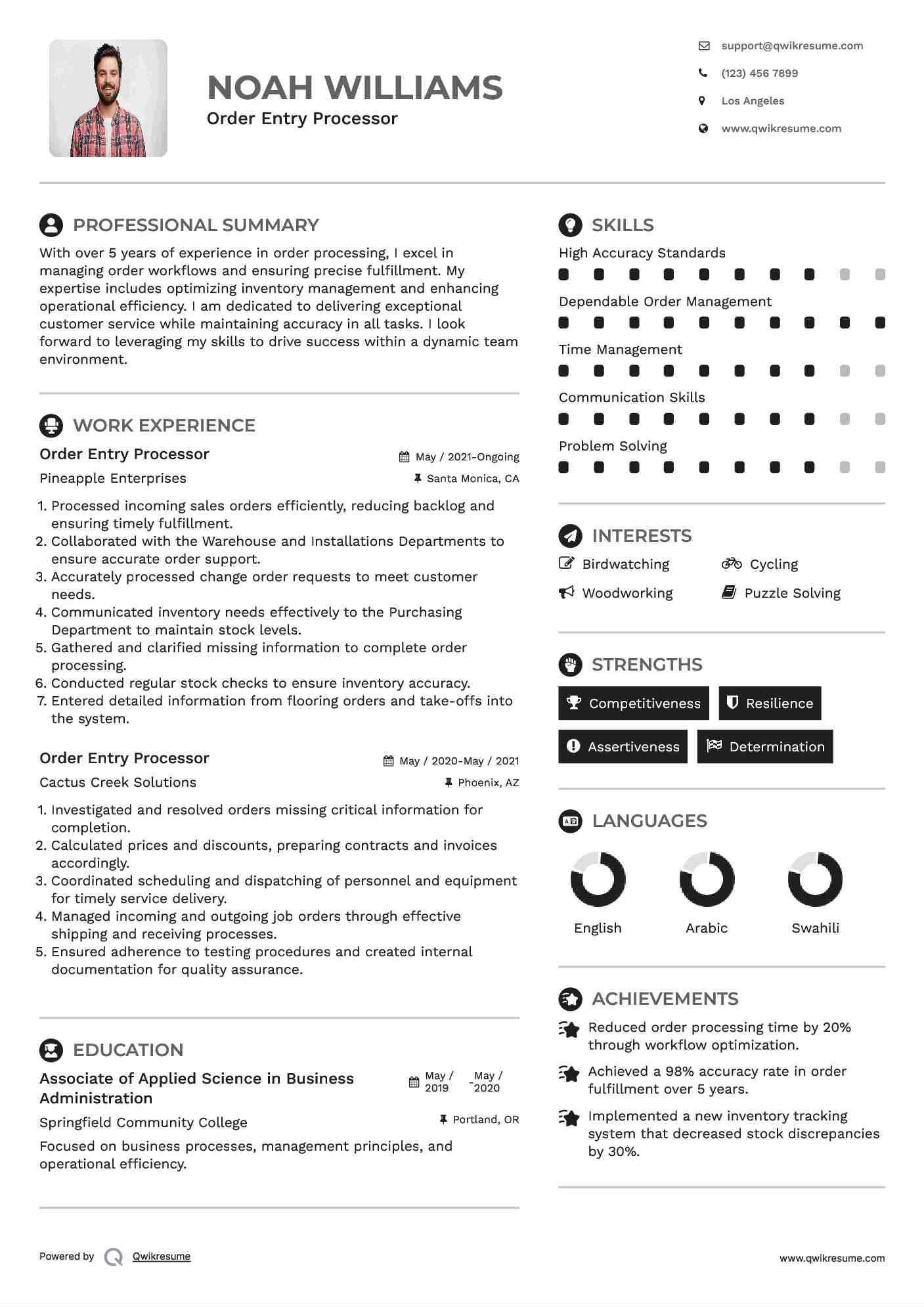 Order Entry Processor Resume Example