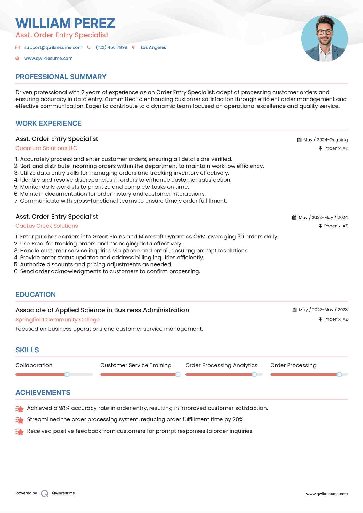 Asst. Order Entry Specialist Resume Model