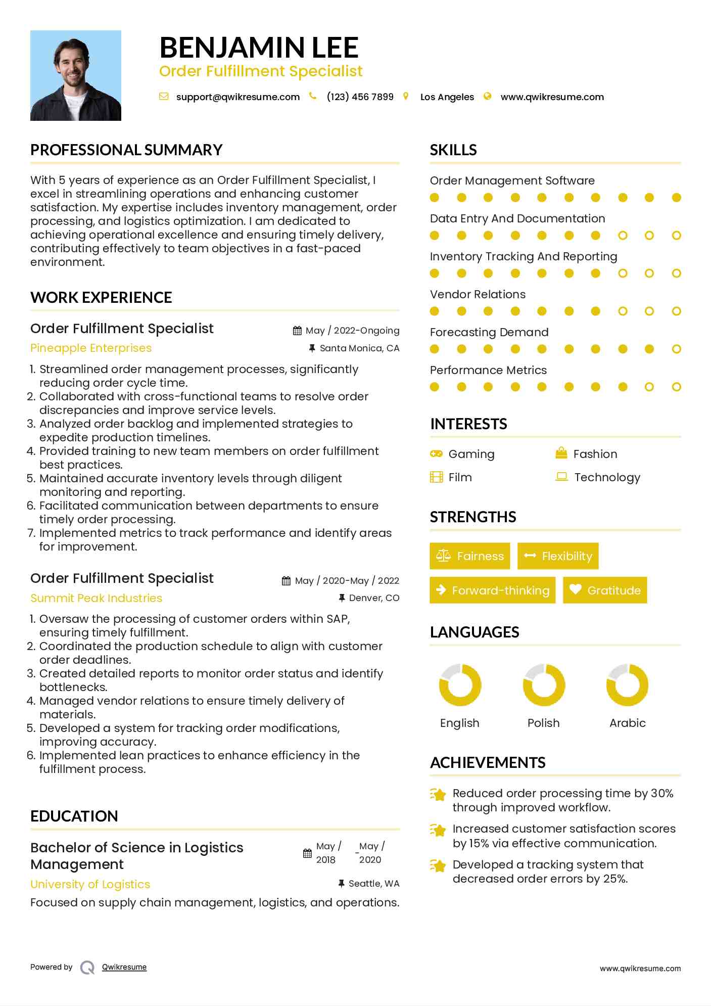 Order Fulfillment Specialist Resume Format
