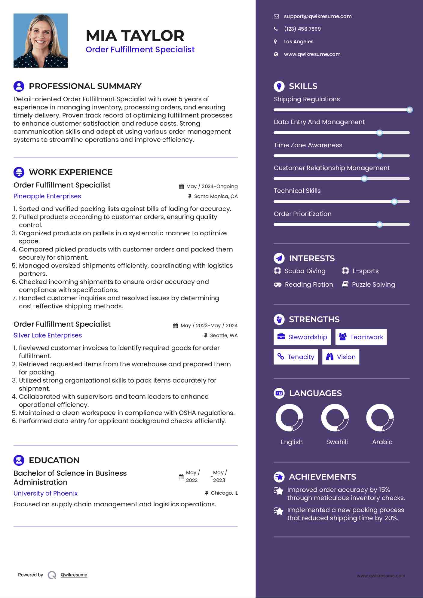 Order Fulfillment Specialist Resume Format
