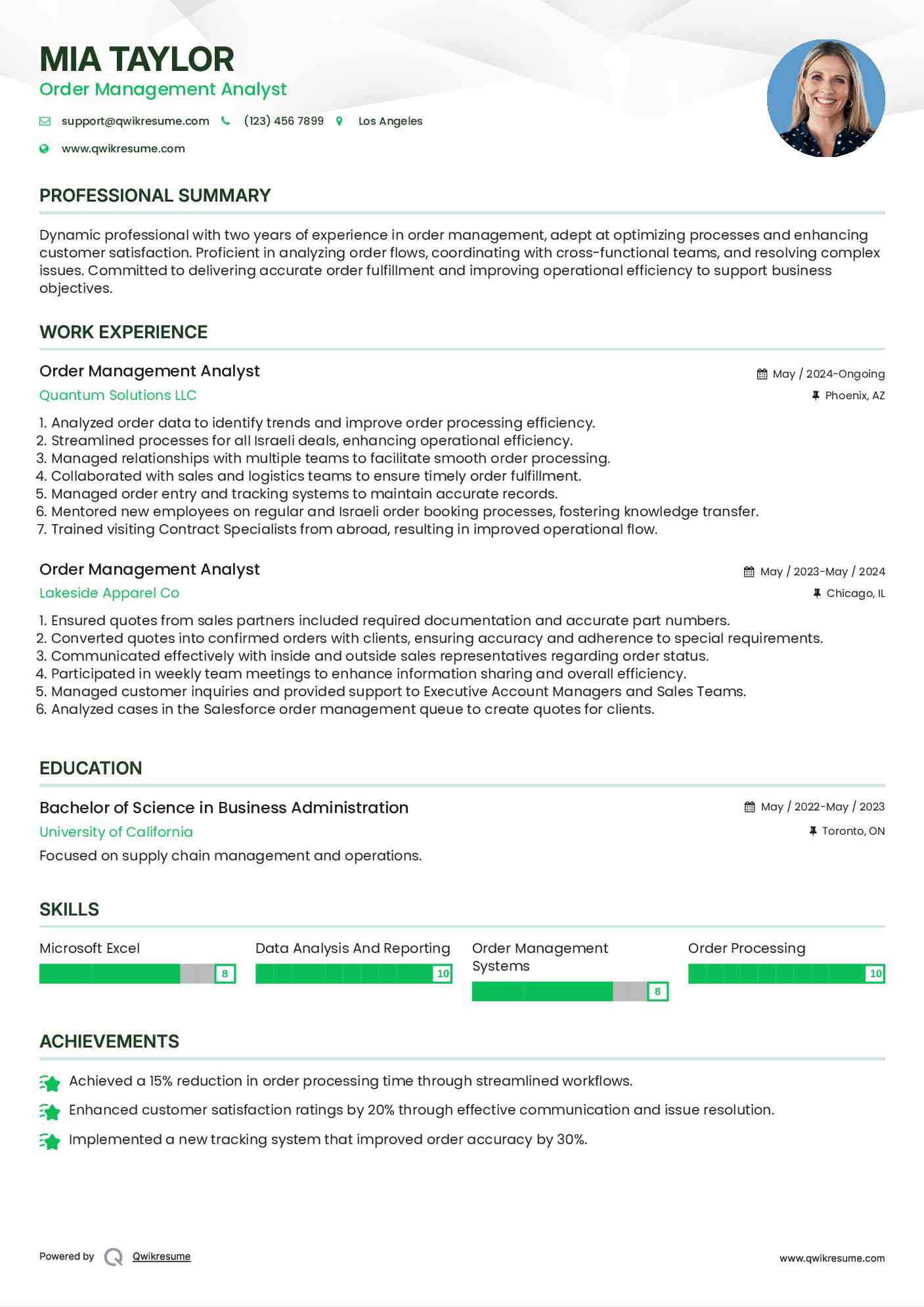 Order Management Analyst Resume Format