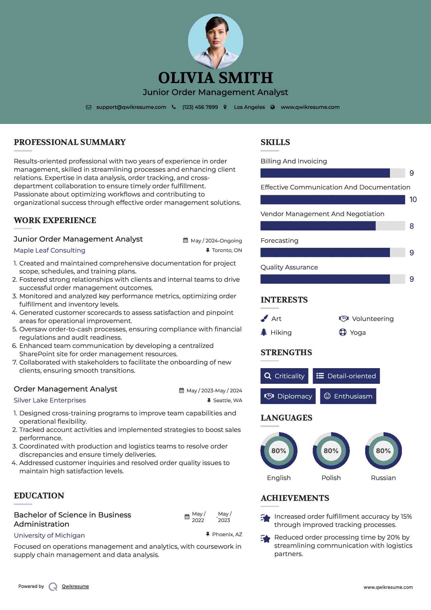 Junior Order Management Analyst Resume Format