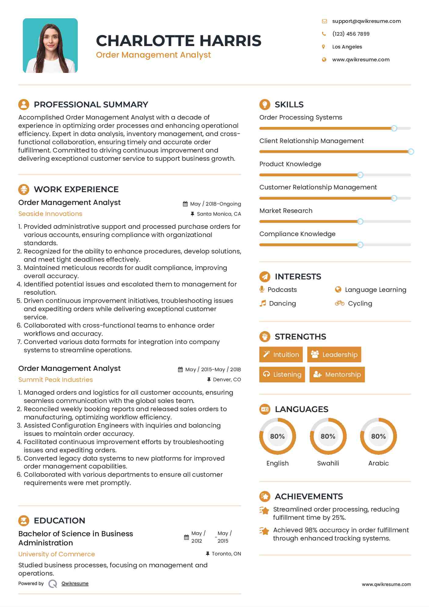 Order Management Analyst Resume Template