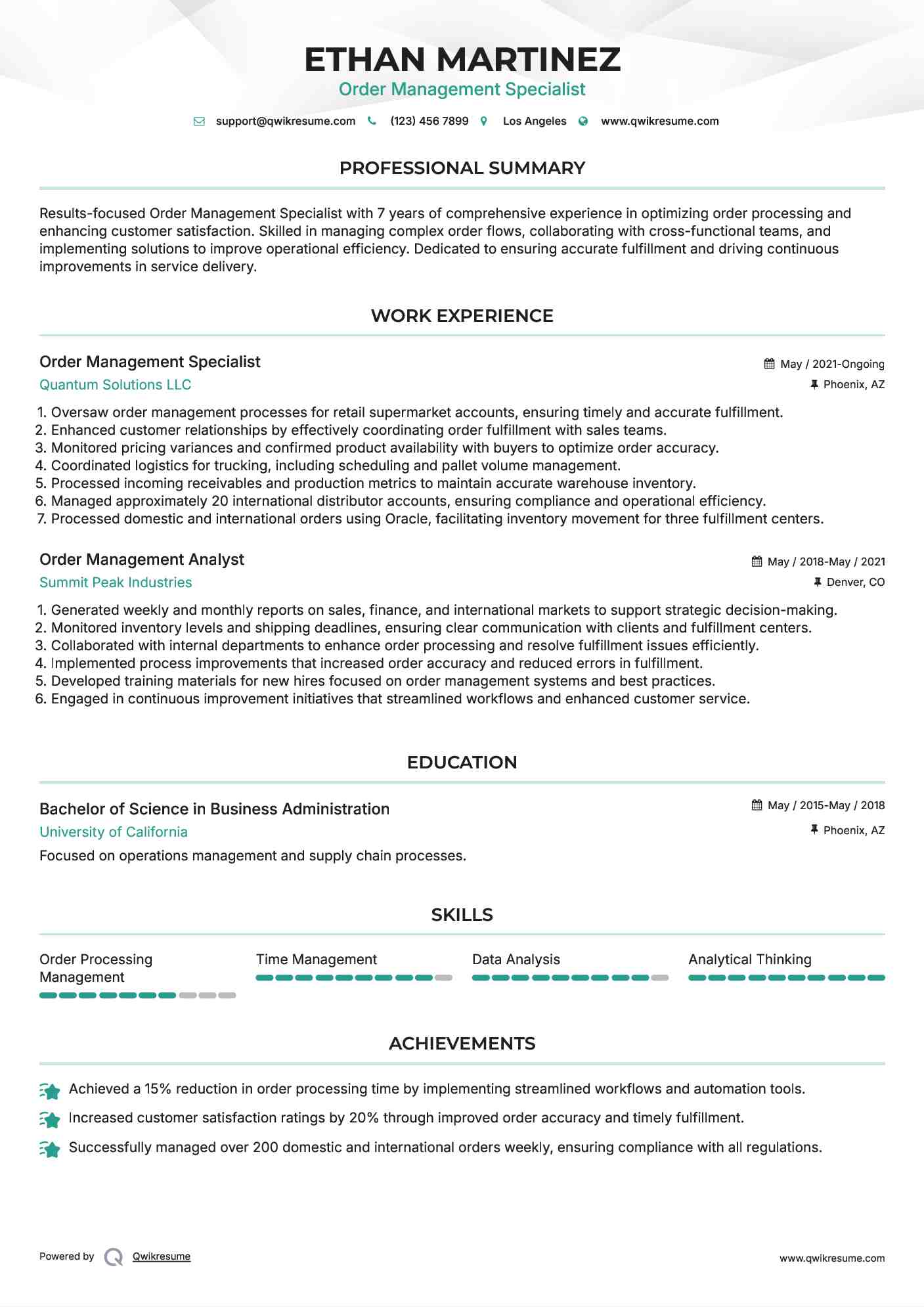 Order Management Specialist Resume Template