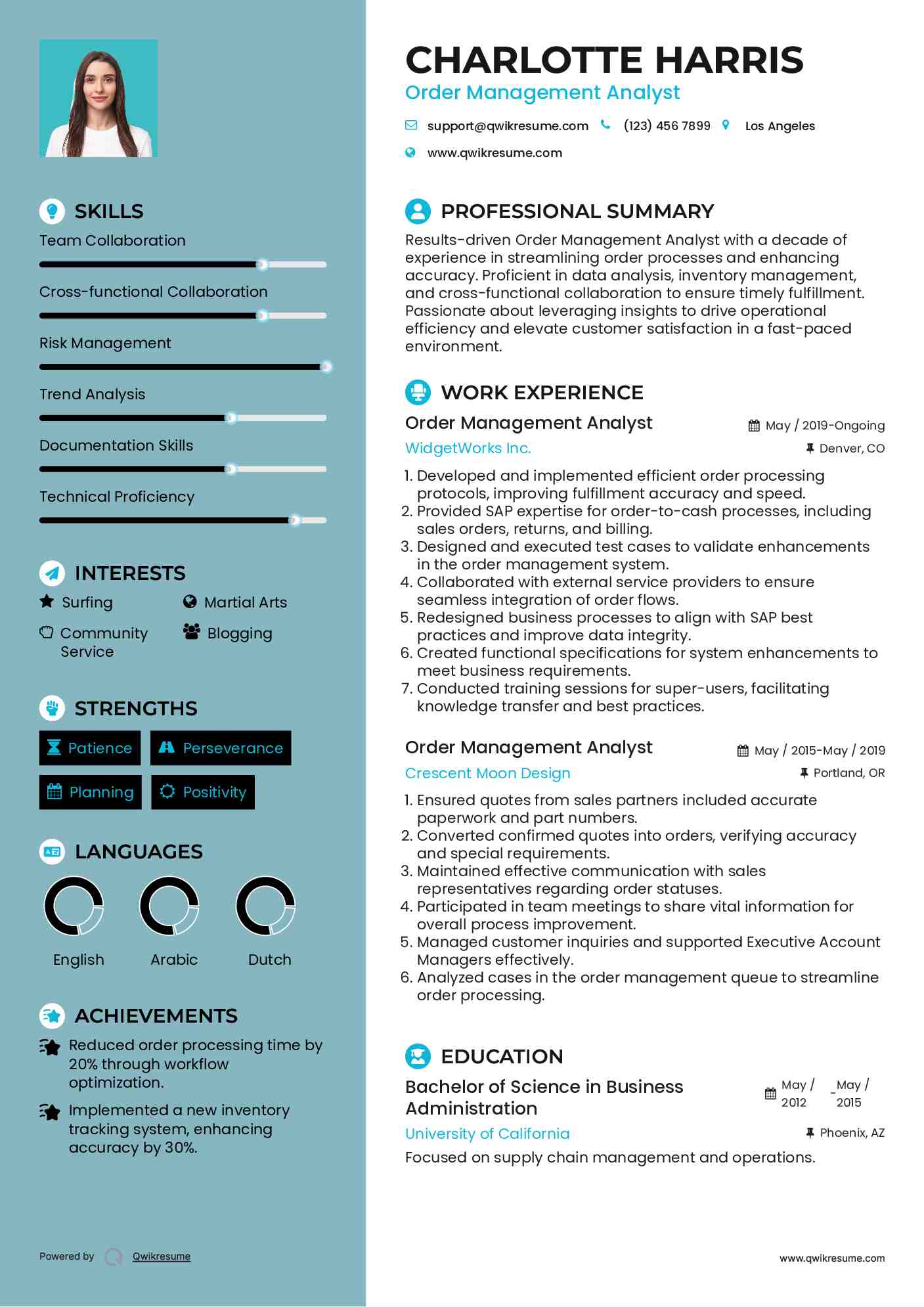 Order Management Analyst Resume Model