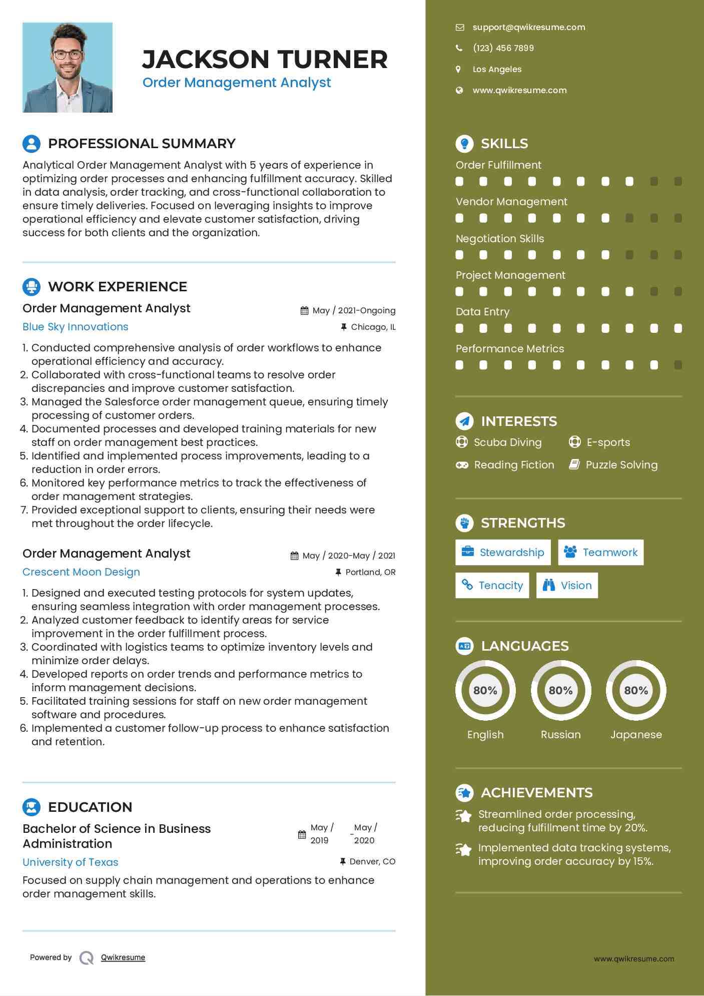 Order Management Analyst Resume Sample