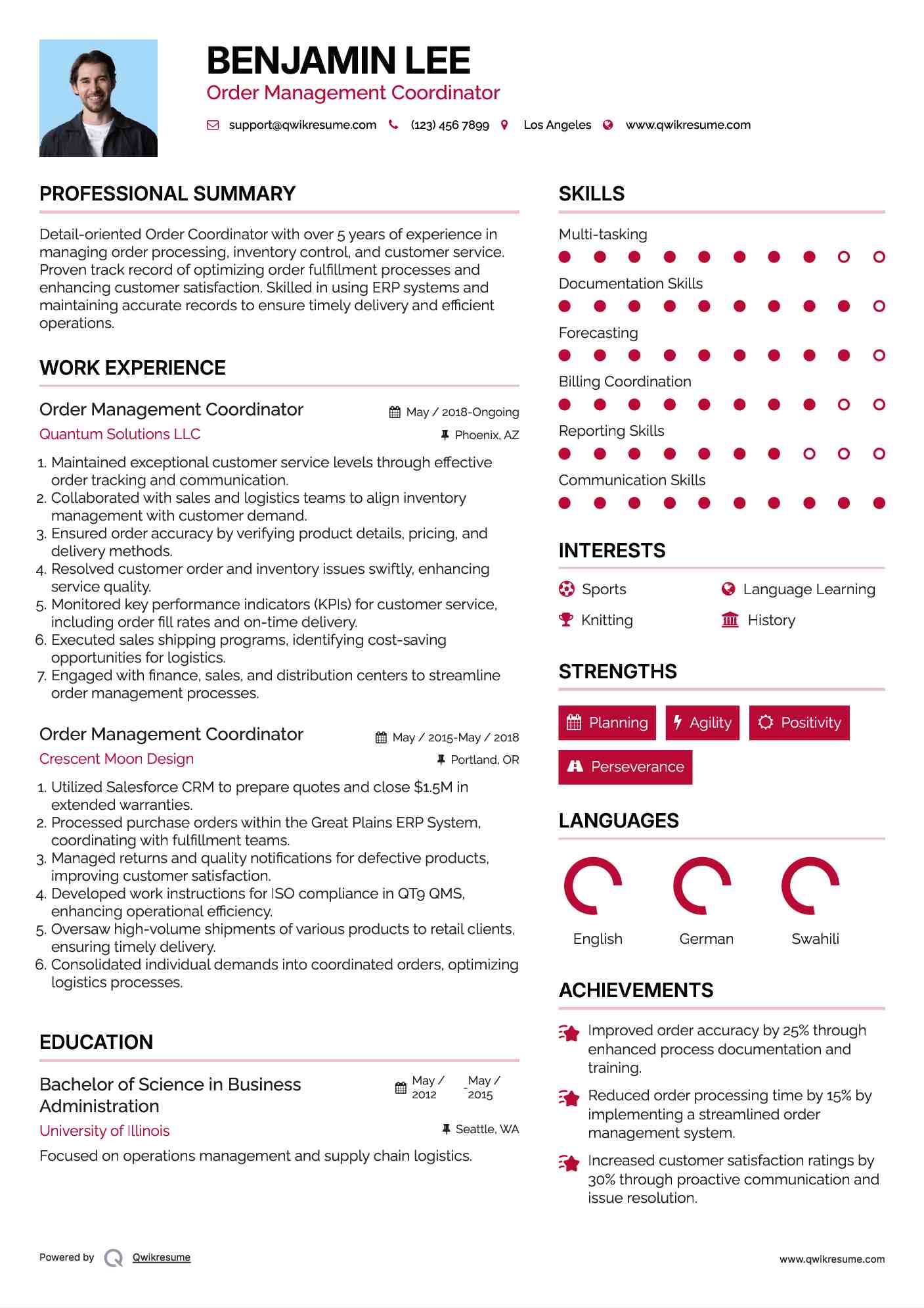 Order Management Coordinator Resume Model