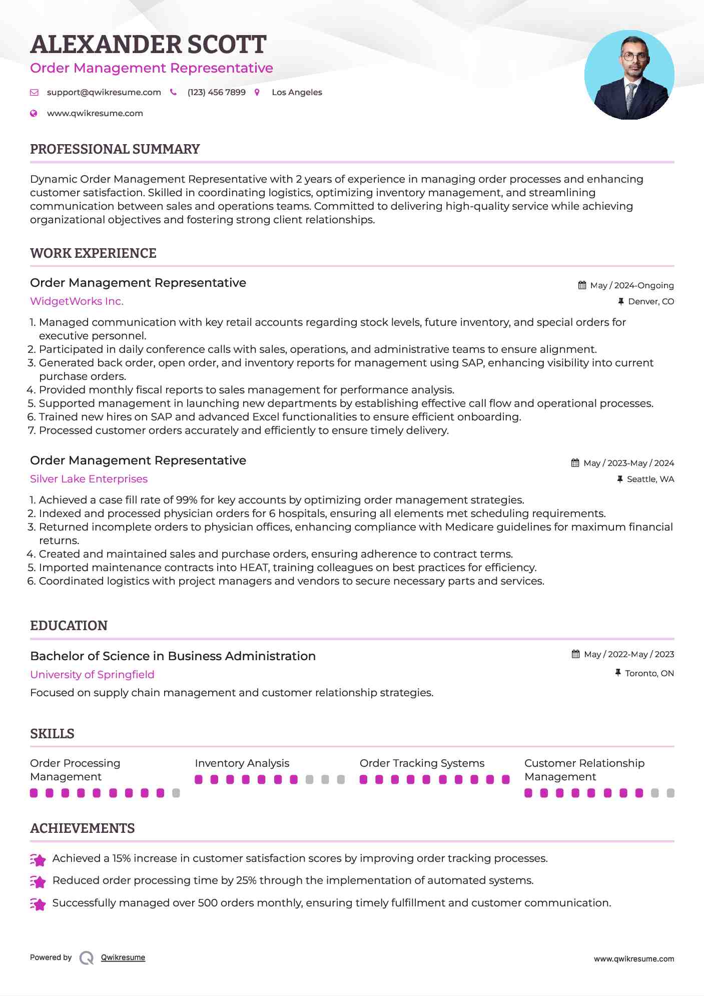 Order Management Representative Resume Format