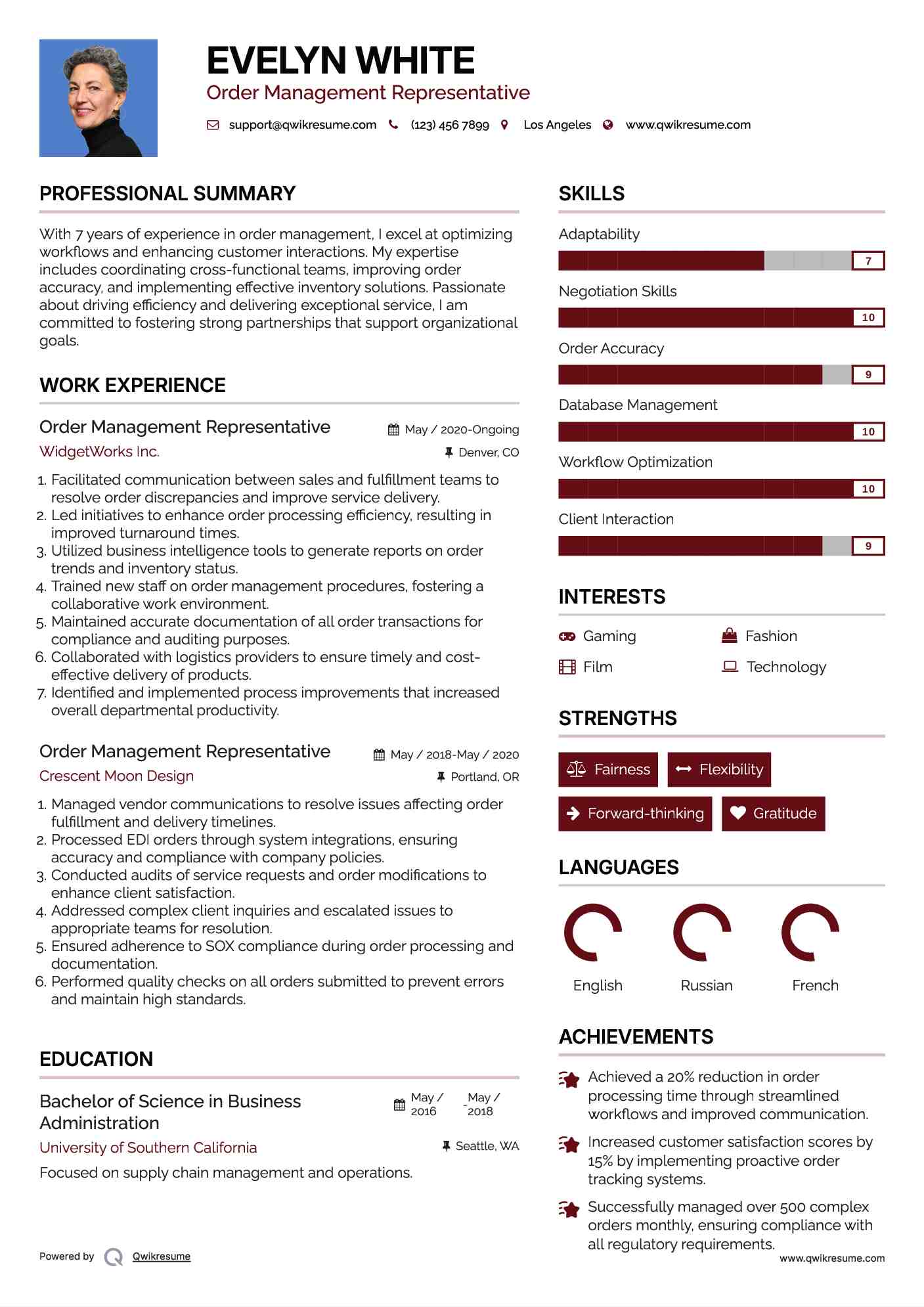 Order Management Representative Resume Format