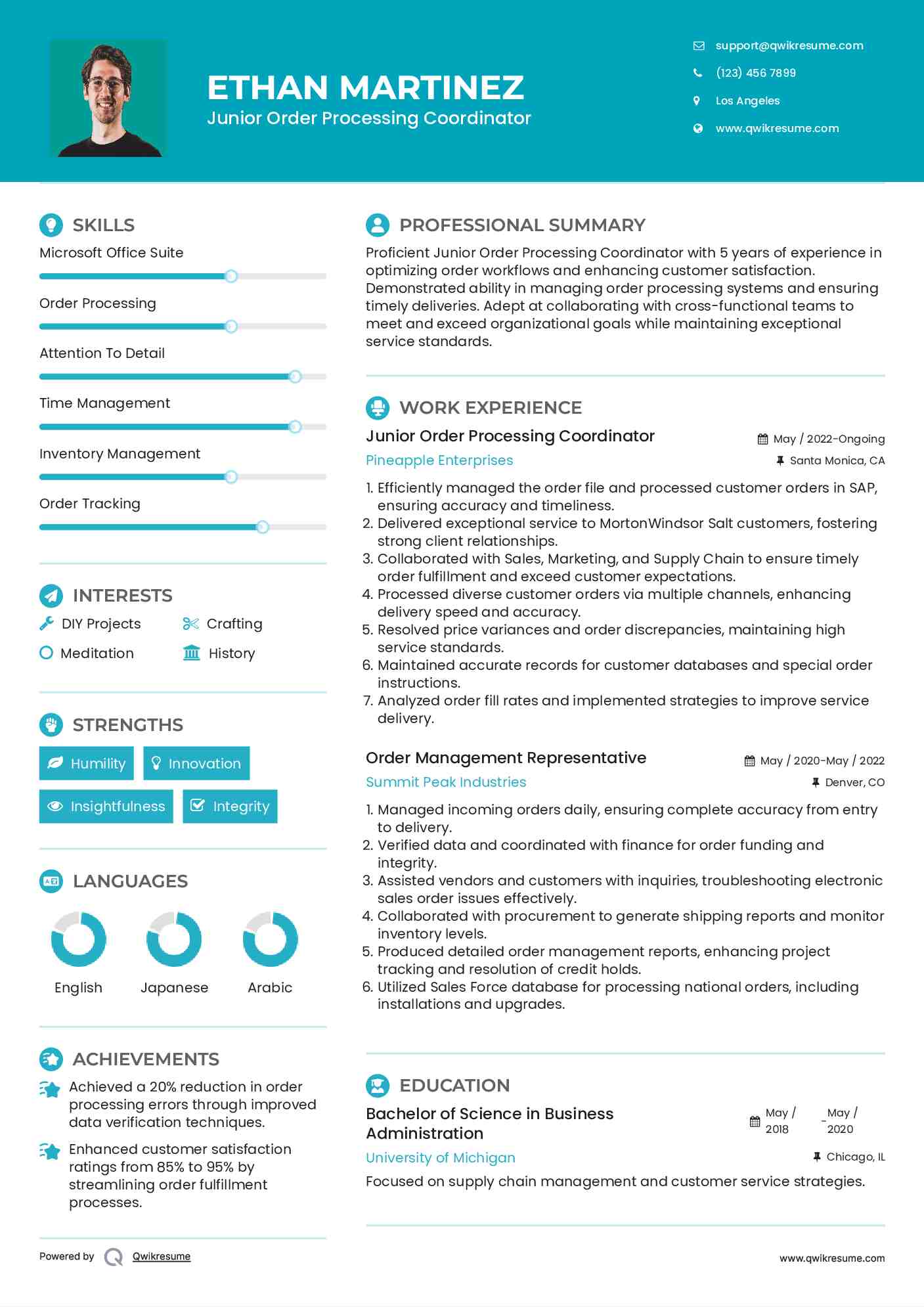 Junior Order Processing Coordinator Resume Example