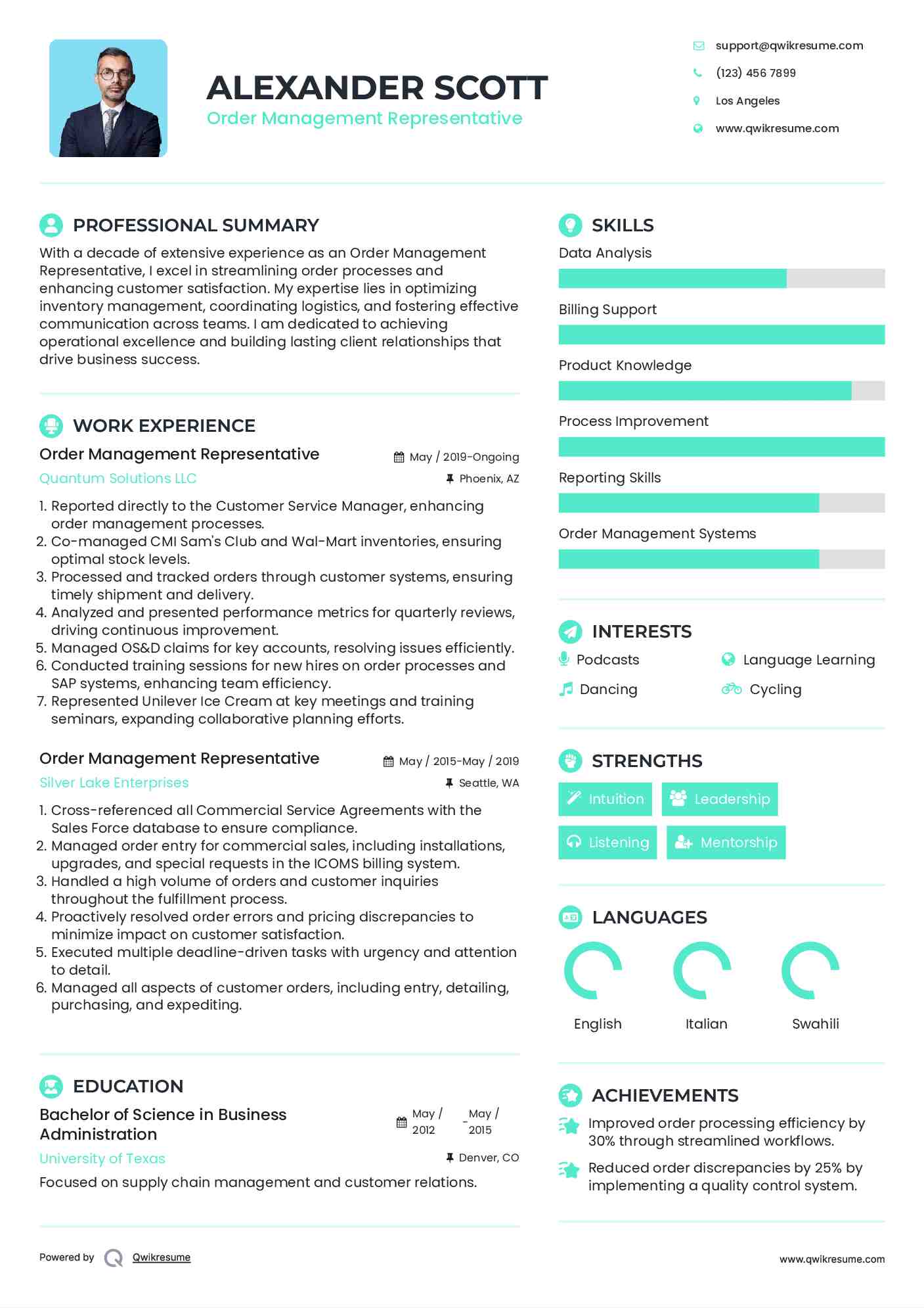 Order Management Representative Resume Sample