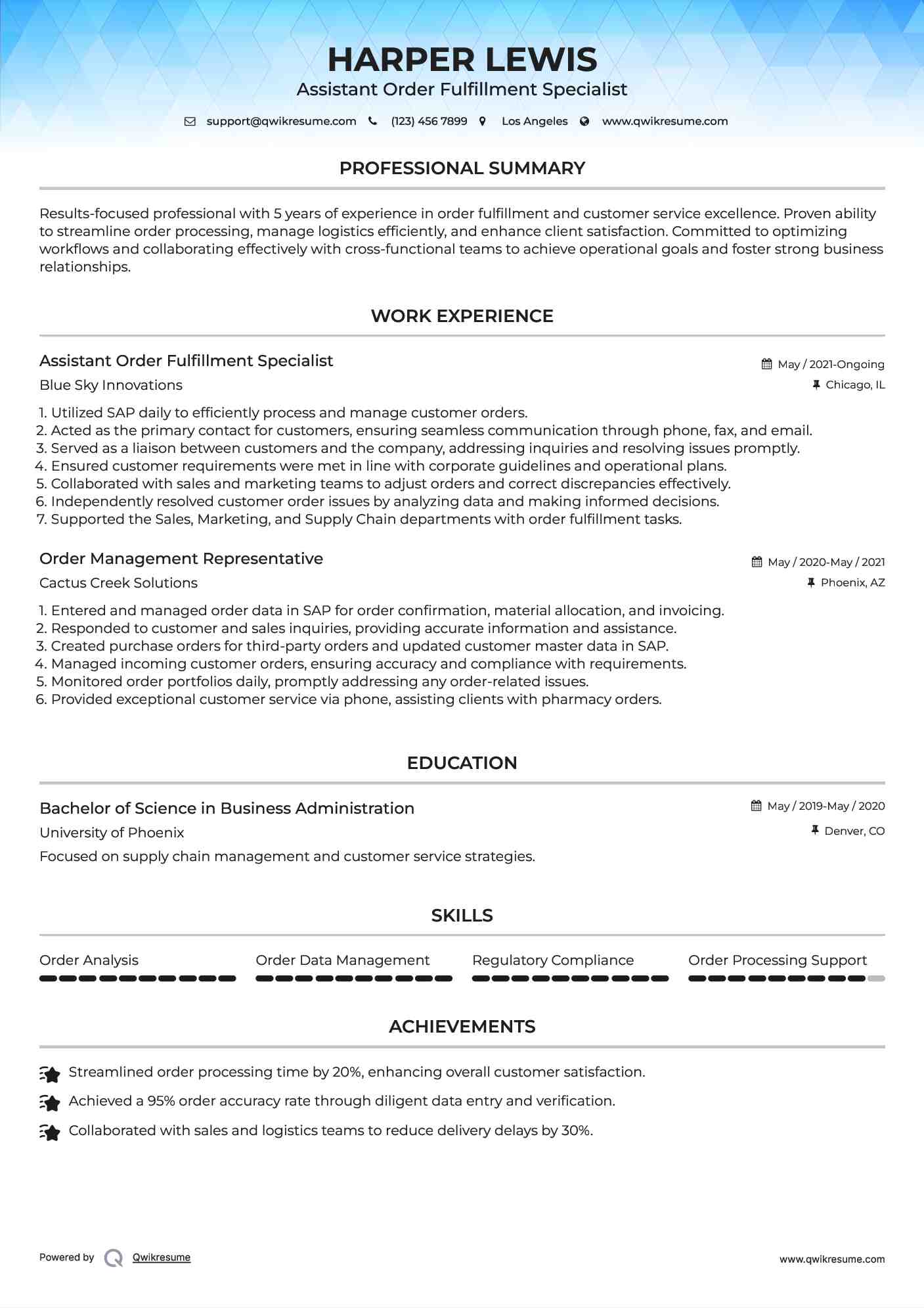 Assistant Order Fulfillment Specialist Resume Sample