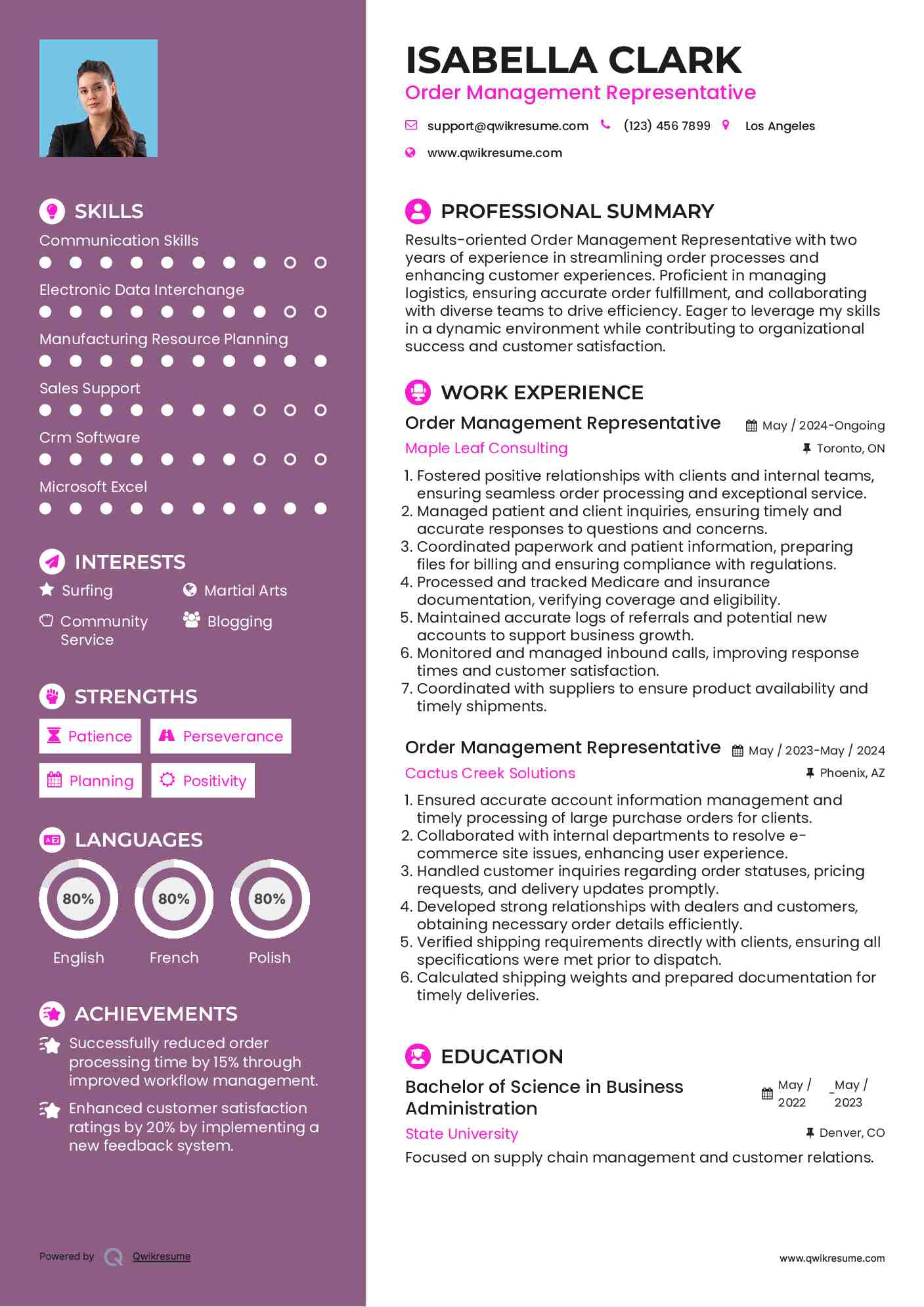 Order Management Representative Resume Sample