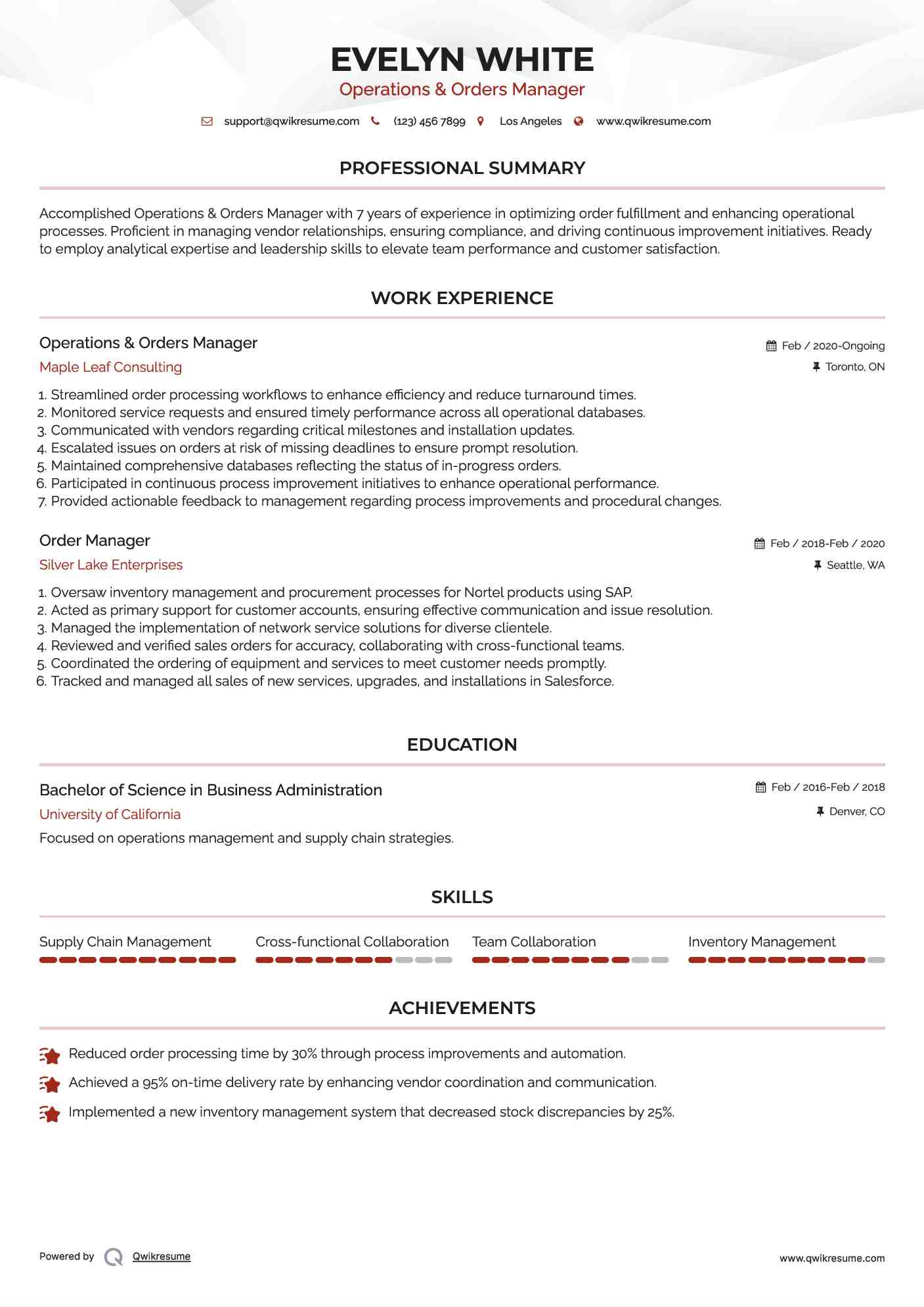 Operations & Orders Manager
 Resume Format