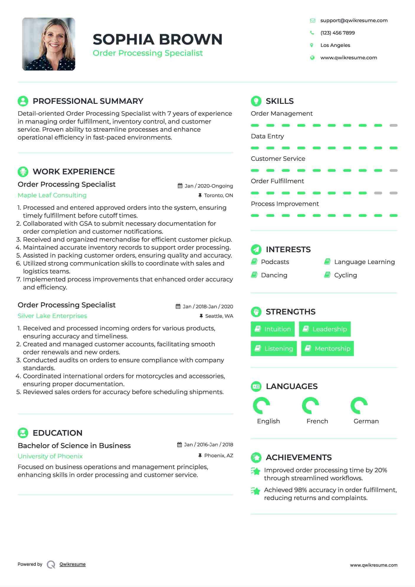 Order Processing Specialist Resume Format