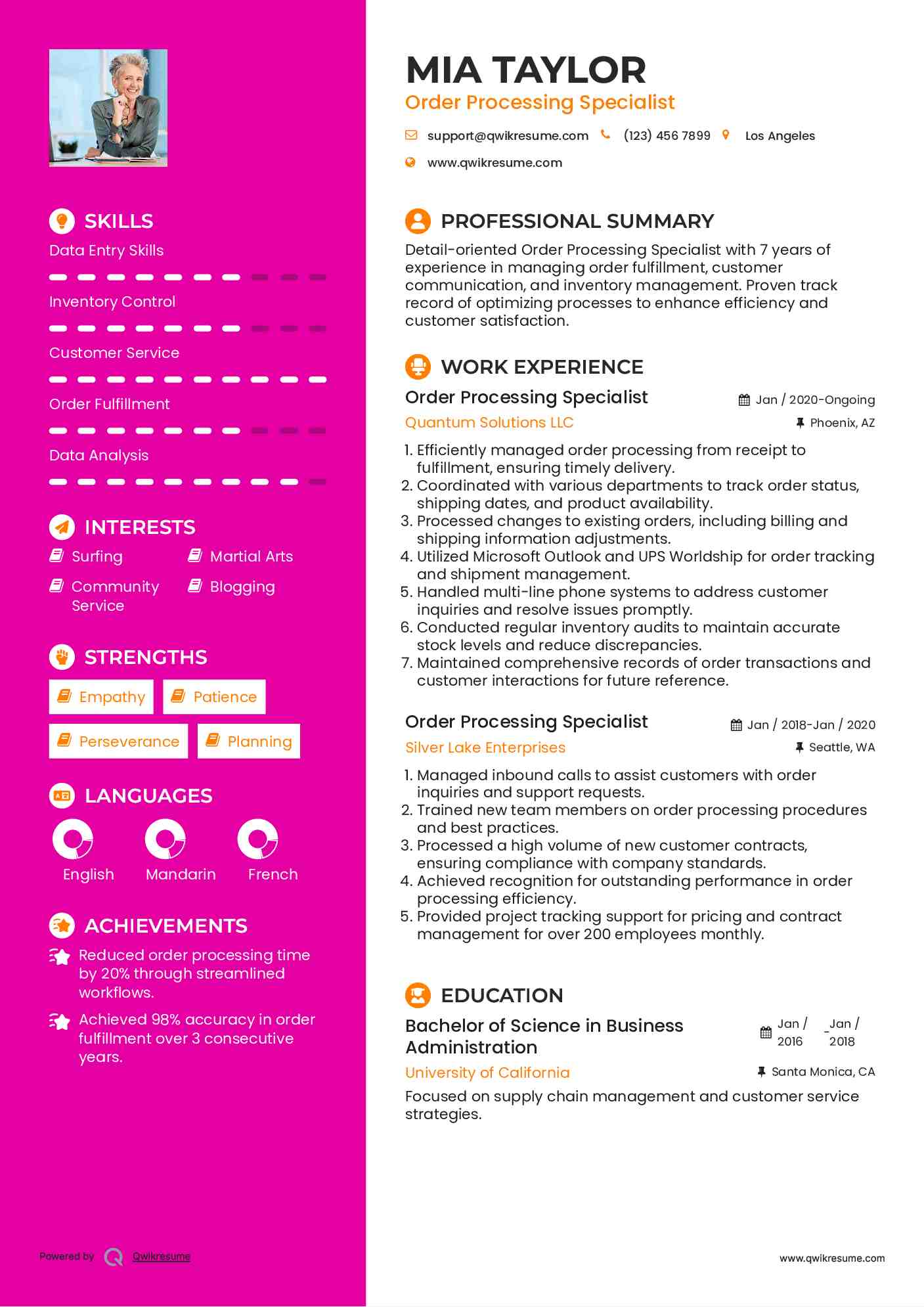 Order Processing Specialist Resume Template