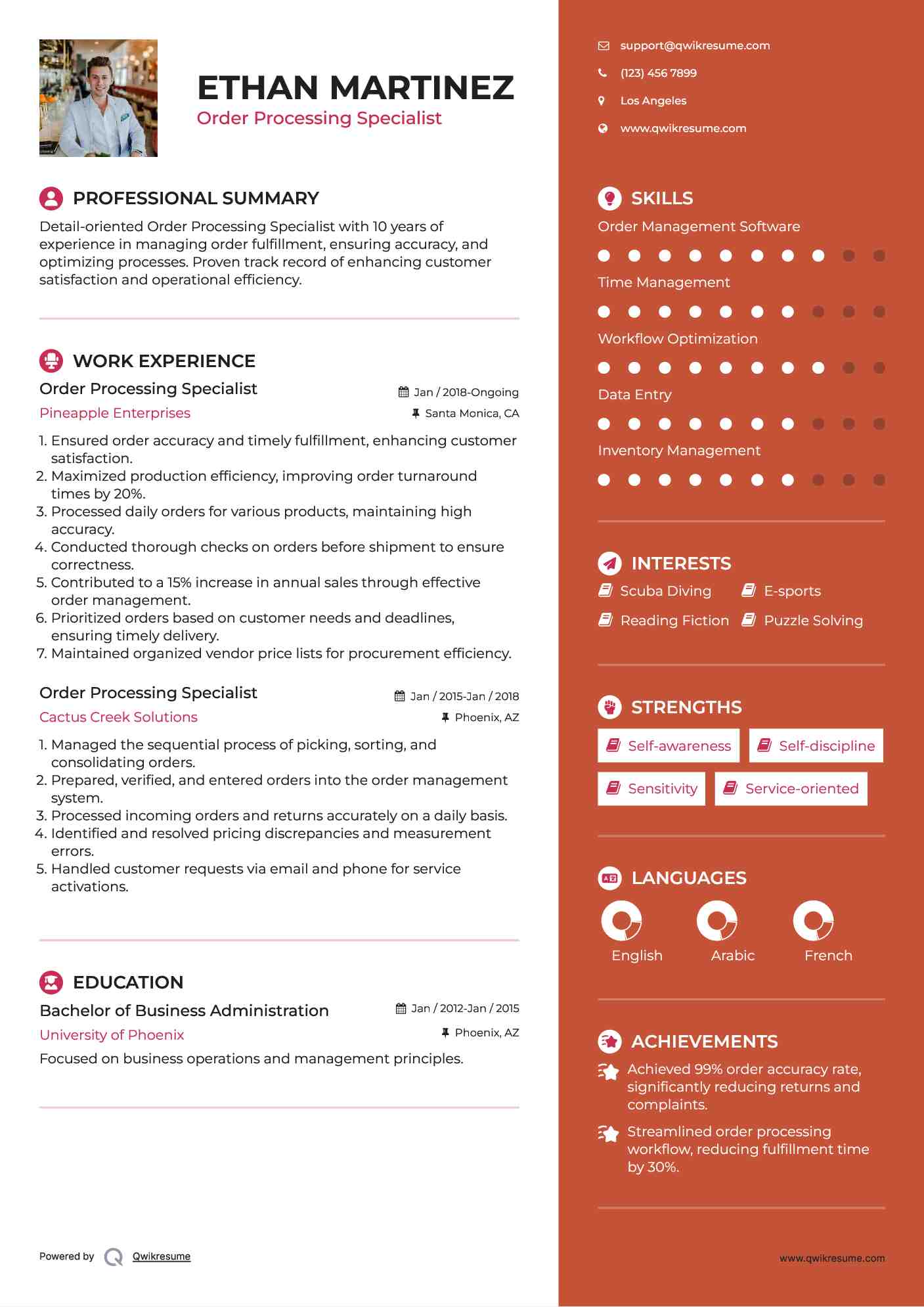 Order Processing Specialist Resume Format