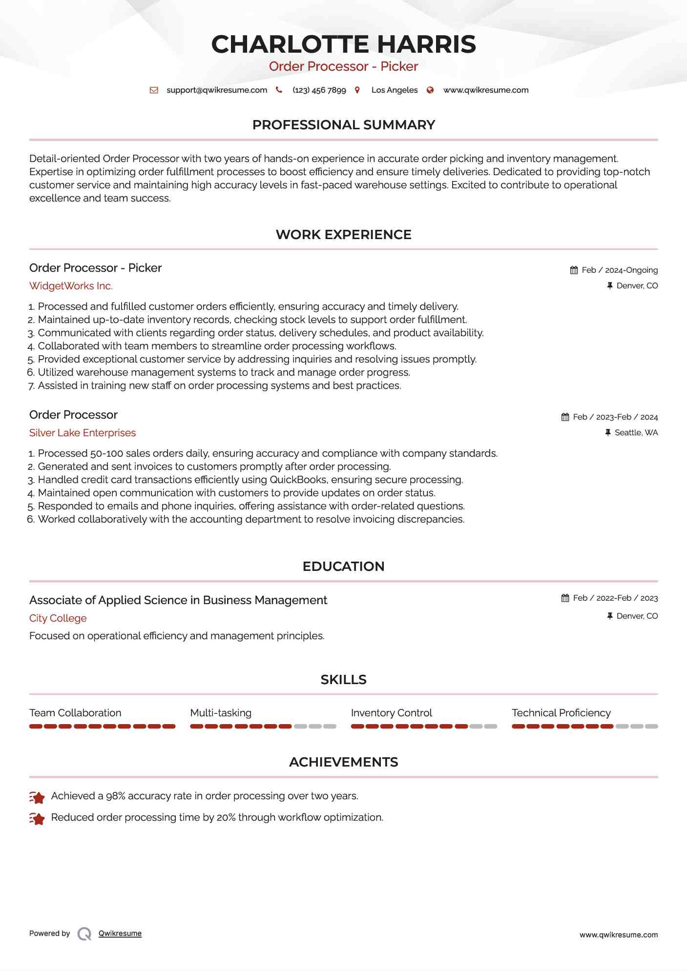 Order Processor - Picker Resume Sample