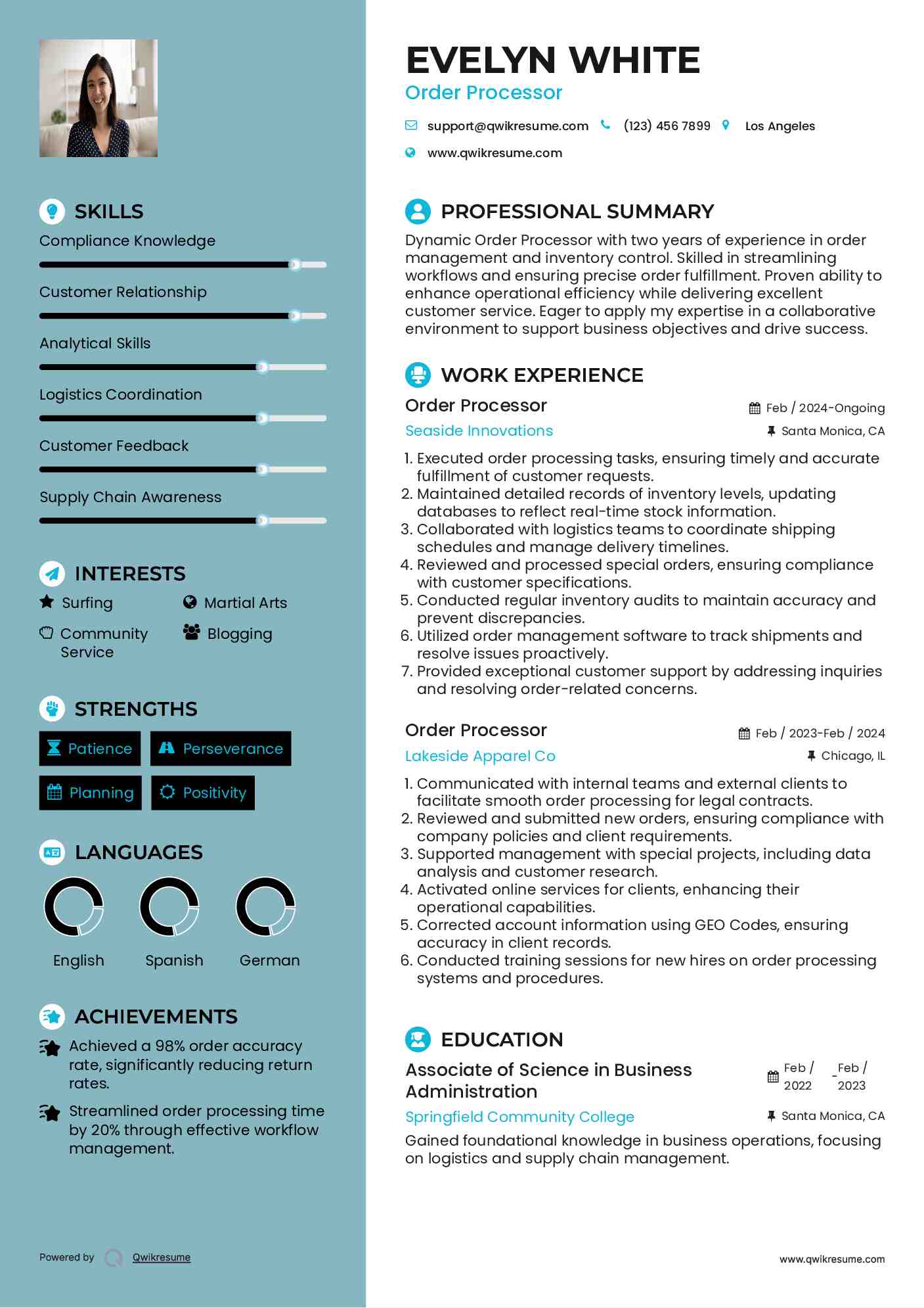 Order Processor Resume Format