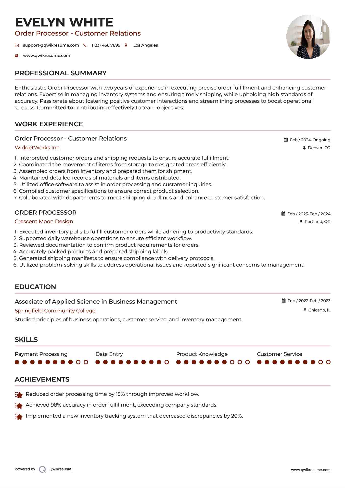 Order Processor - Customer Relations Resume Sample