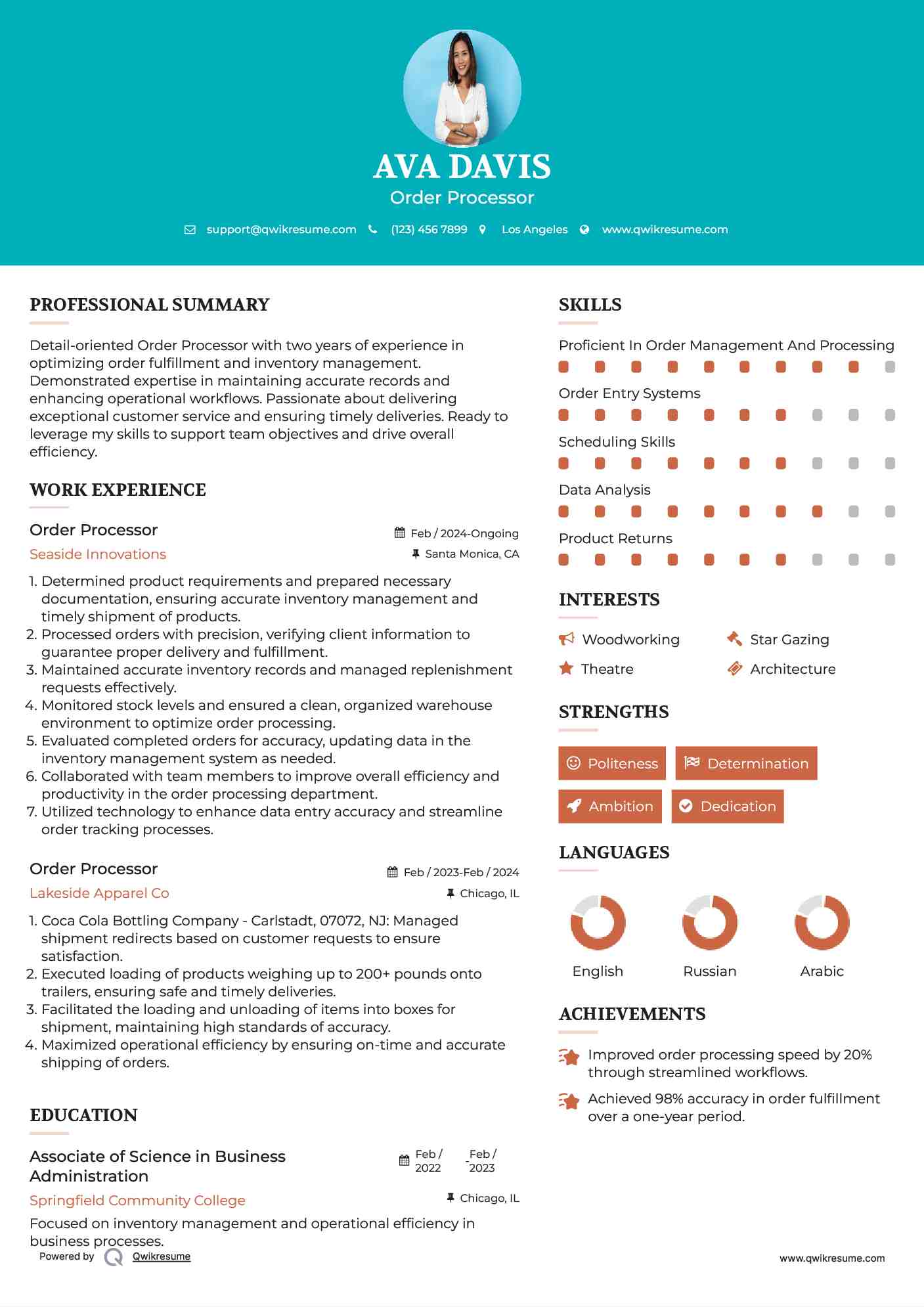 Order Processor Resume Sample