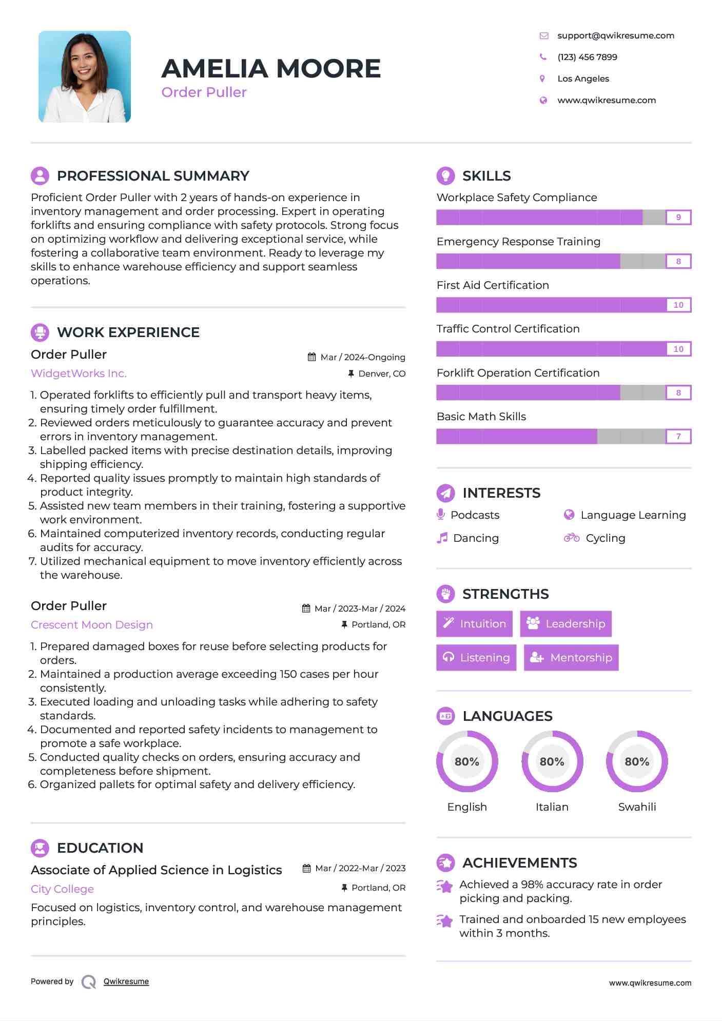 Order Puller Resume Example