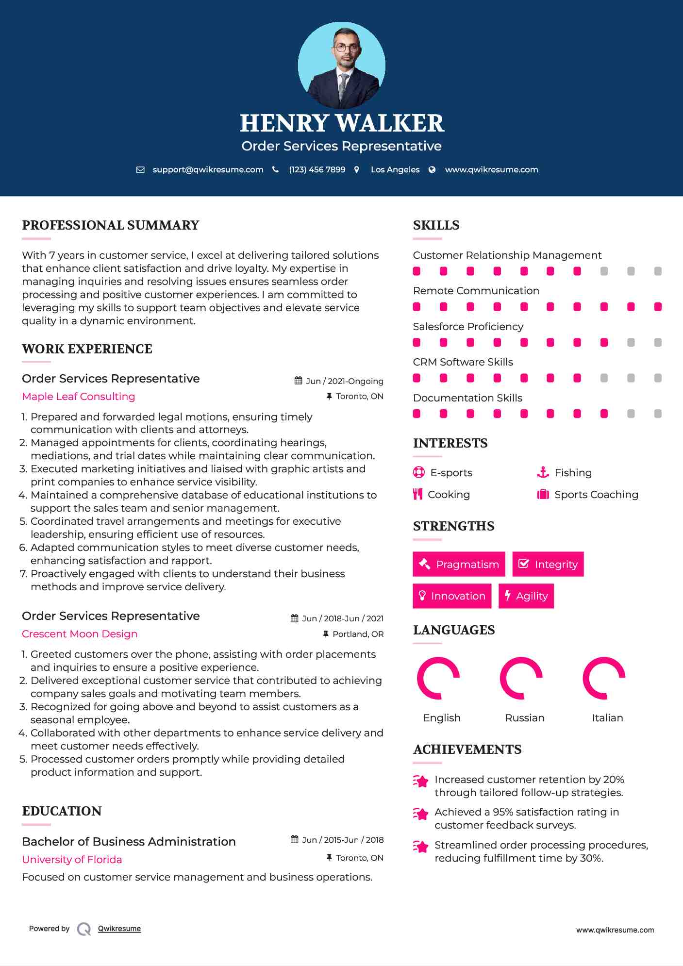 Order Services Representative Resume Format