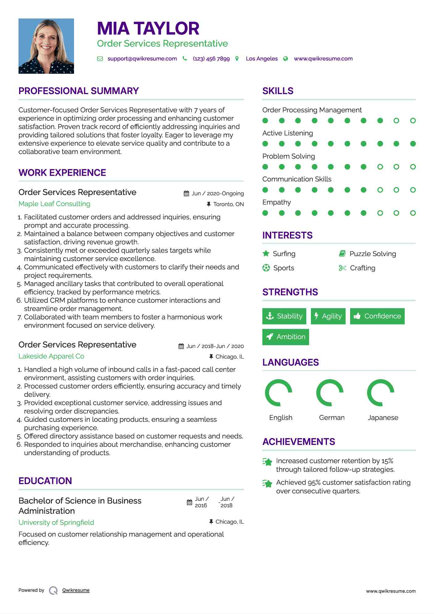 Order Services Representative Resume Model