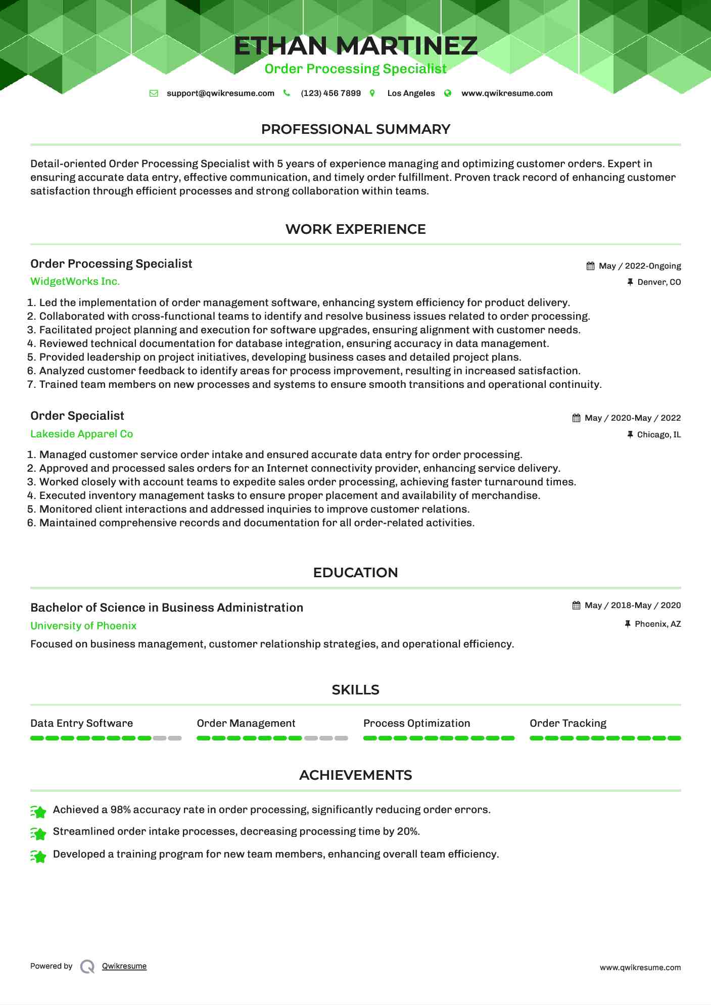 Order Processing Specialist Resume Sample
