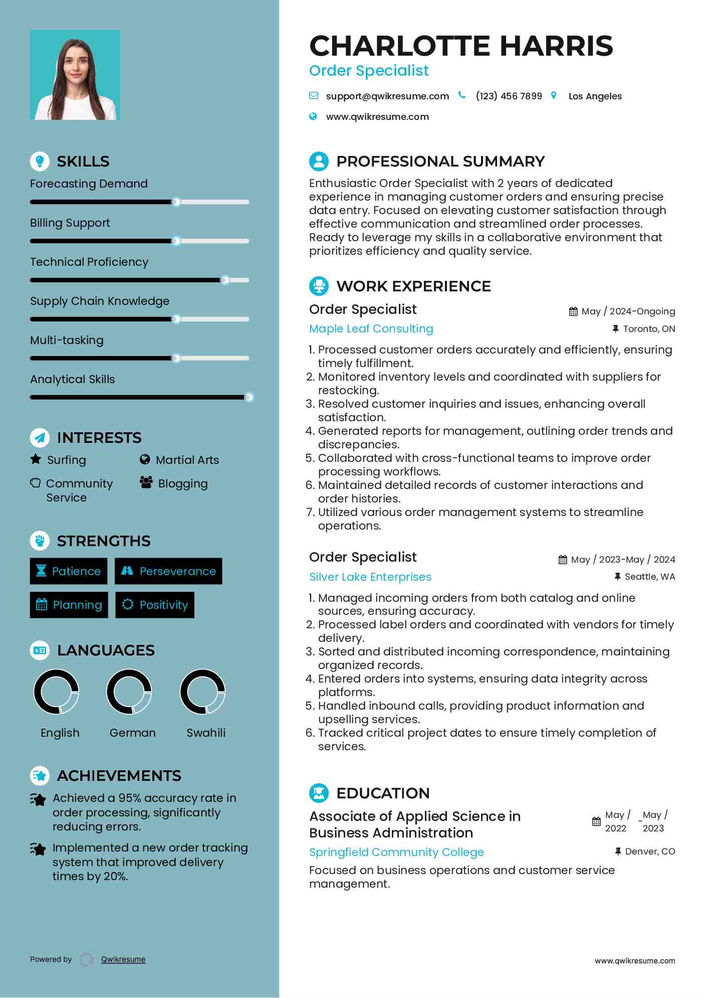 Order Specialist Resume Sample