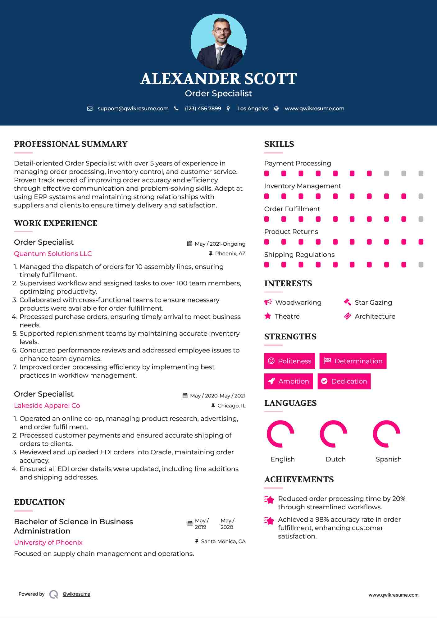 Order Specialist Resume Format