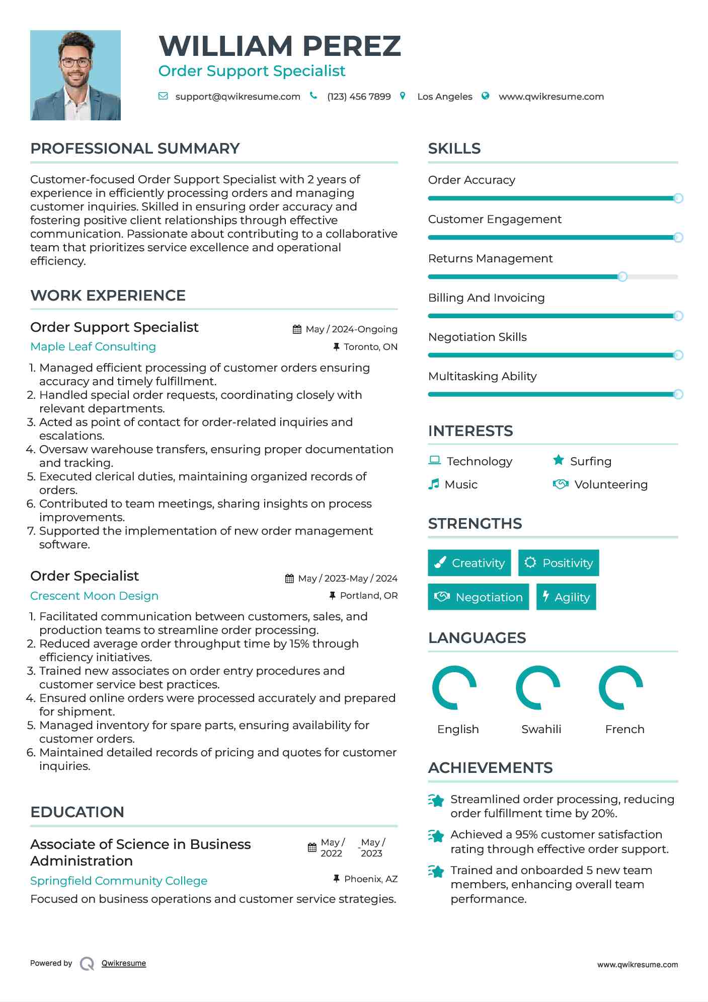 Order Support Specialist Resume Template