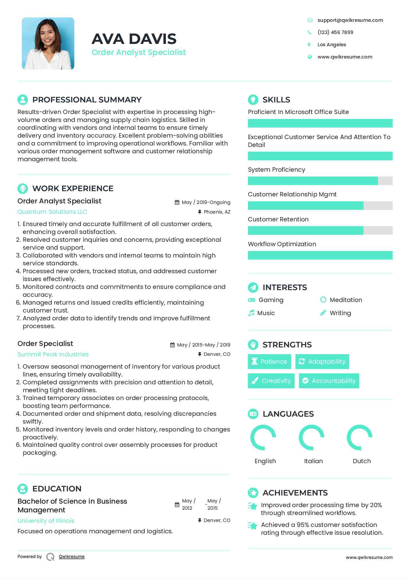 Order Analyst Specialist Resume Model