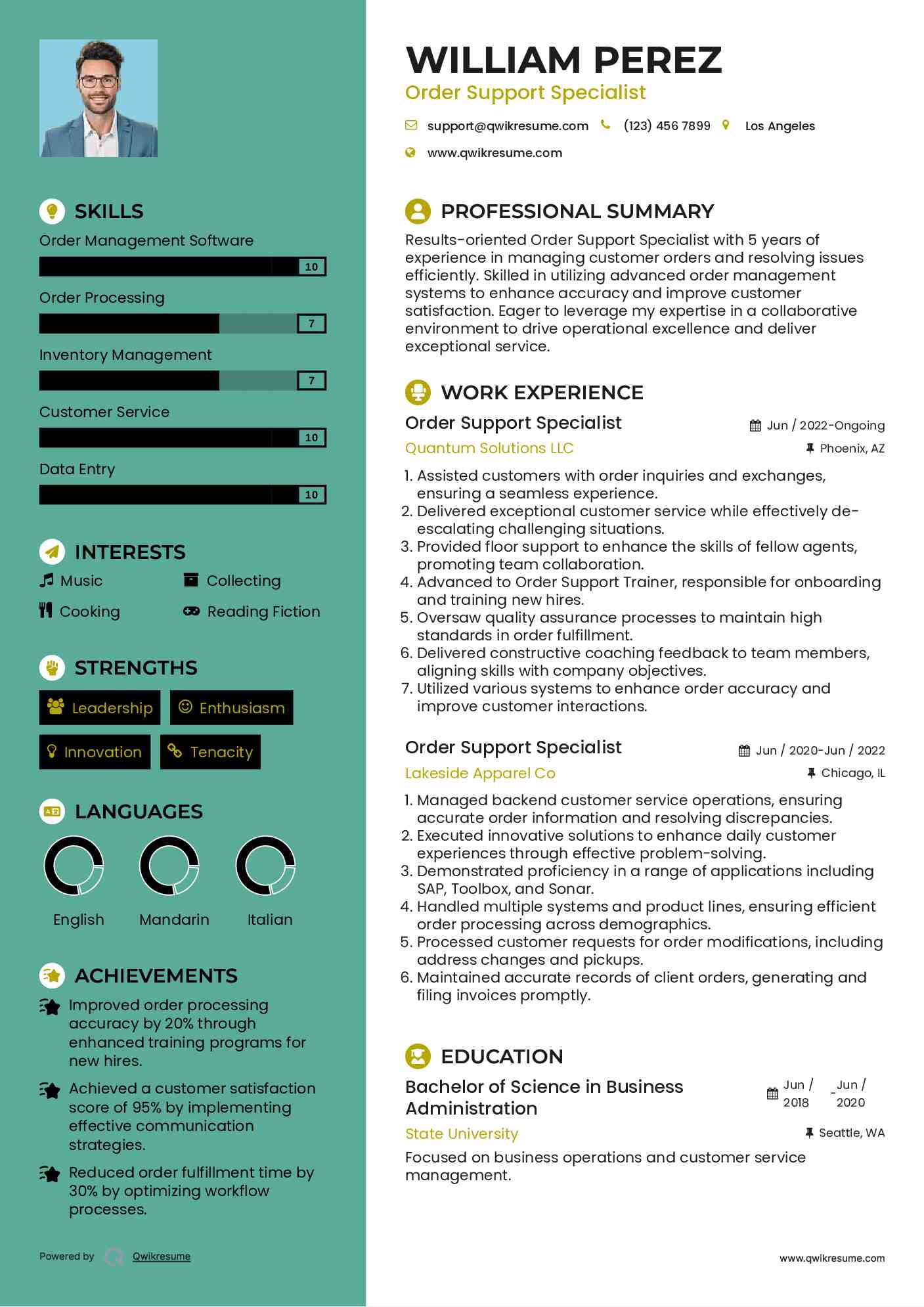 Order Support Specialist Resume Format
