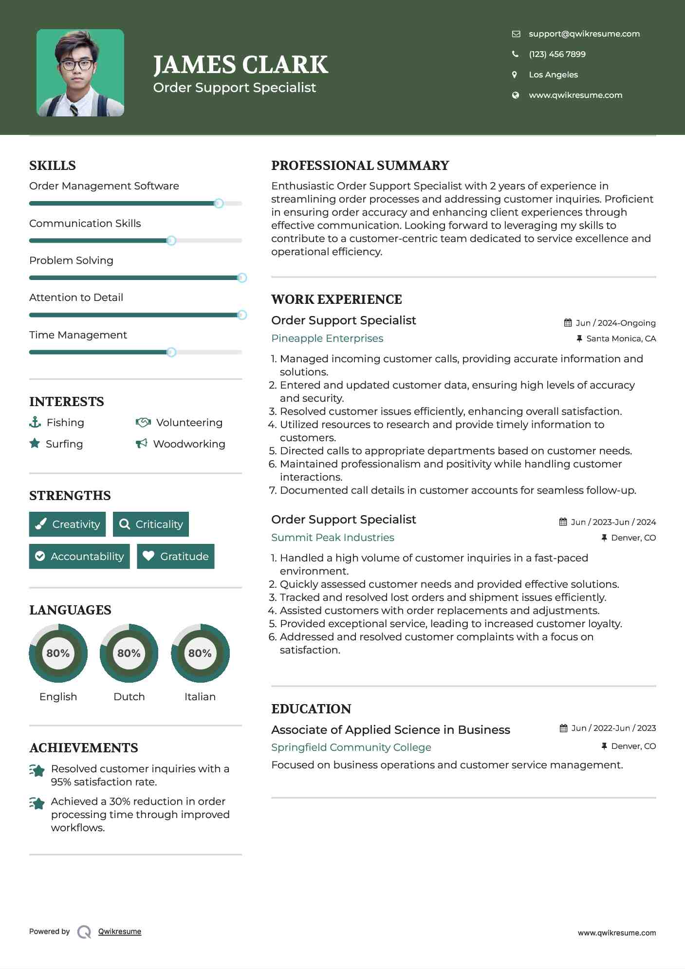Order Support Specialist Resume Template